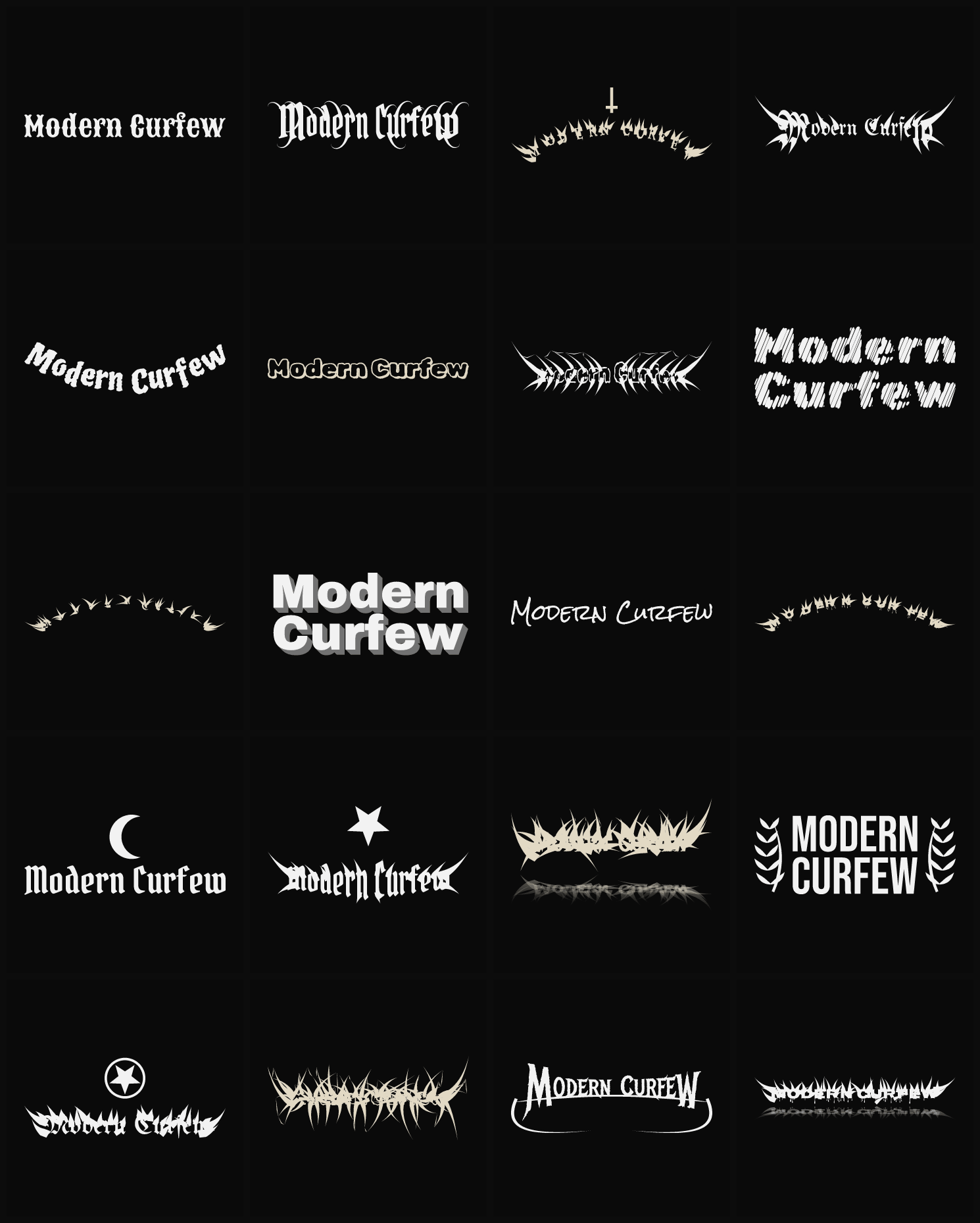 Twenty Modern Curfew band logo ideas — different faces, treatments and spike settings
