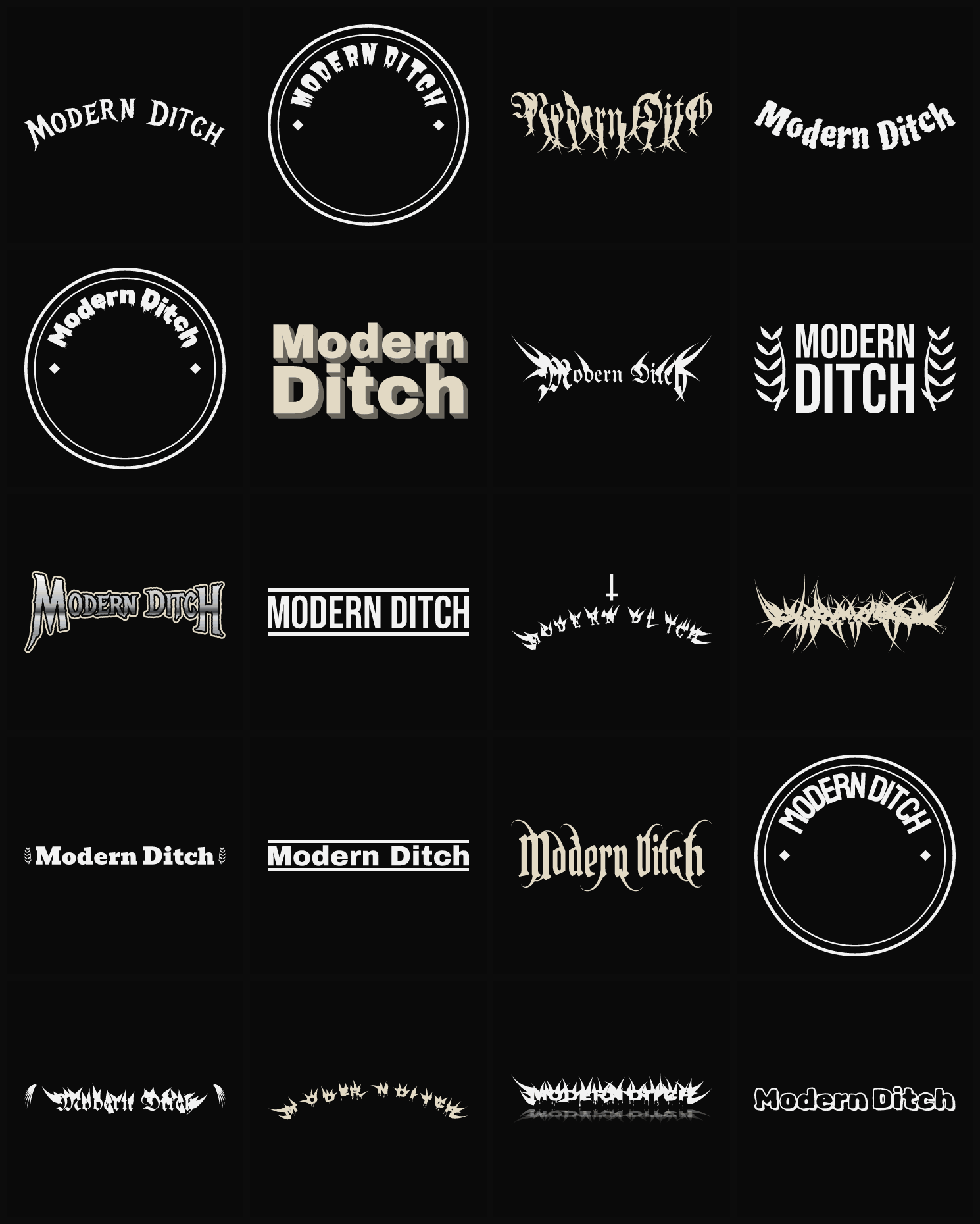 Twenty Modern Ditch band logo ideas — different faces, treatments and spike settings