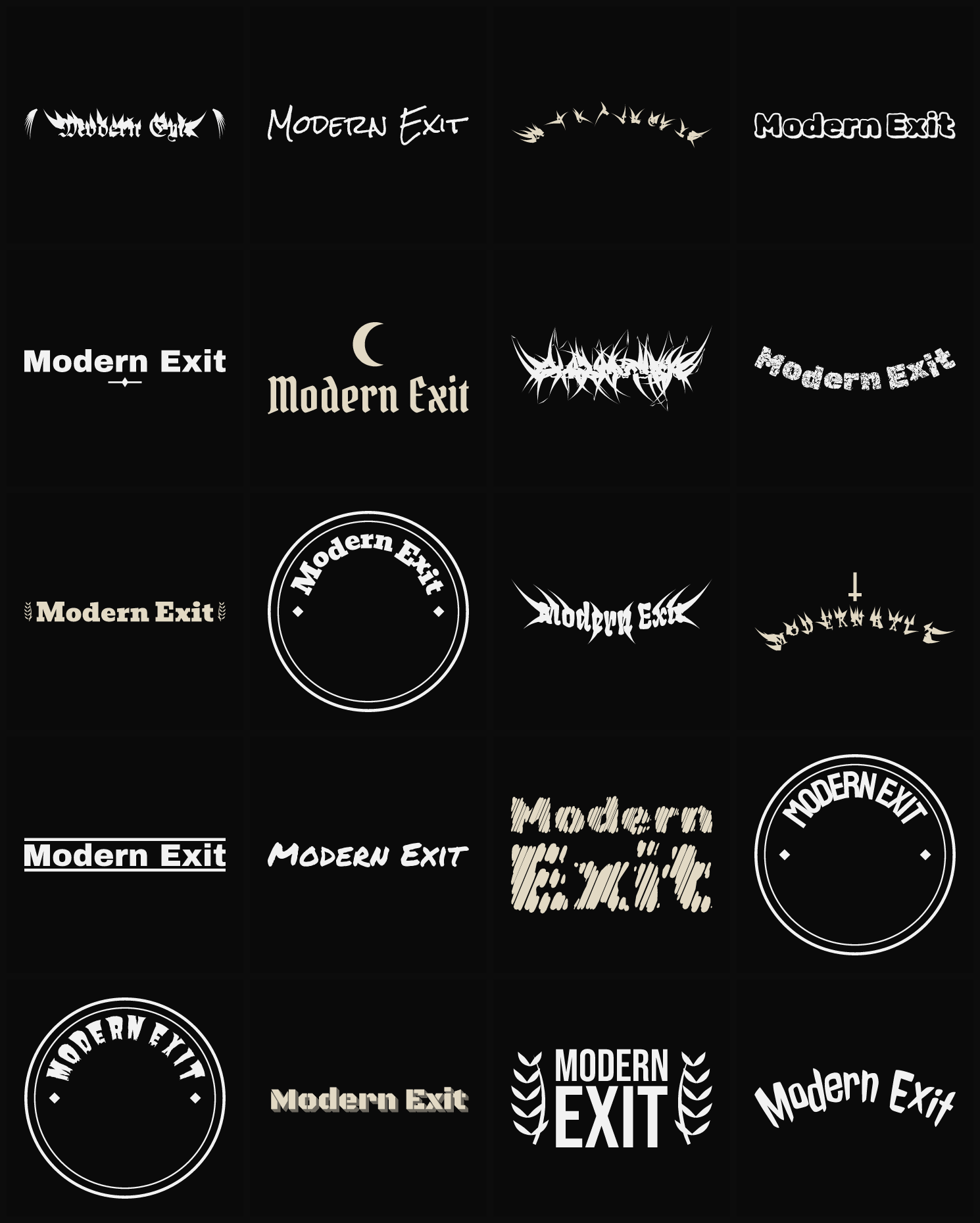 Twenty Modern Exit band logo ideas — different faces, treatments and spike settings