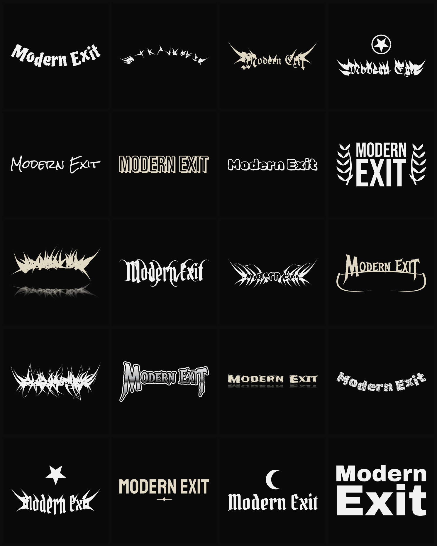 Twenty Modern Exit band logo ideas — different faces, treatments and spike settings