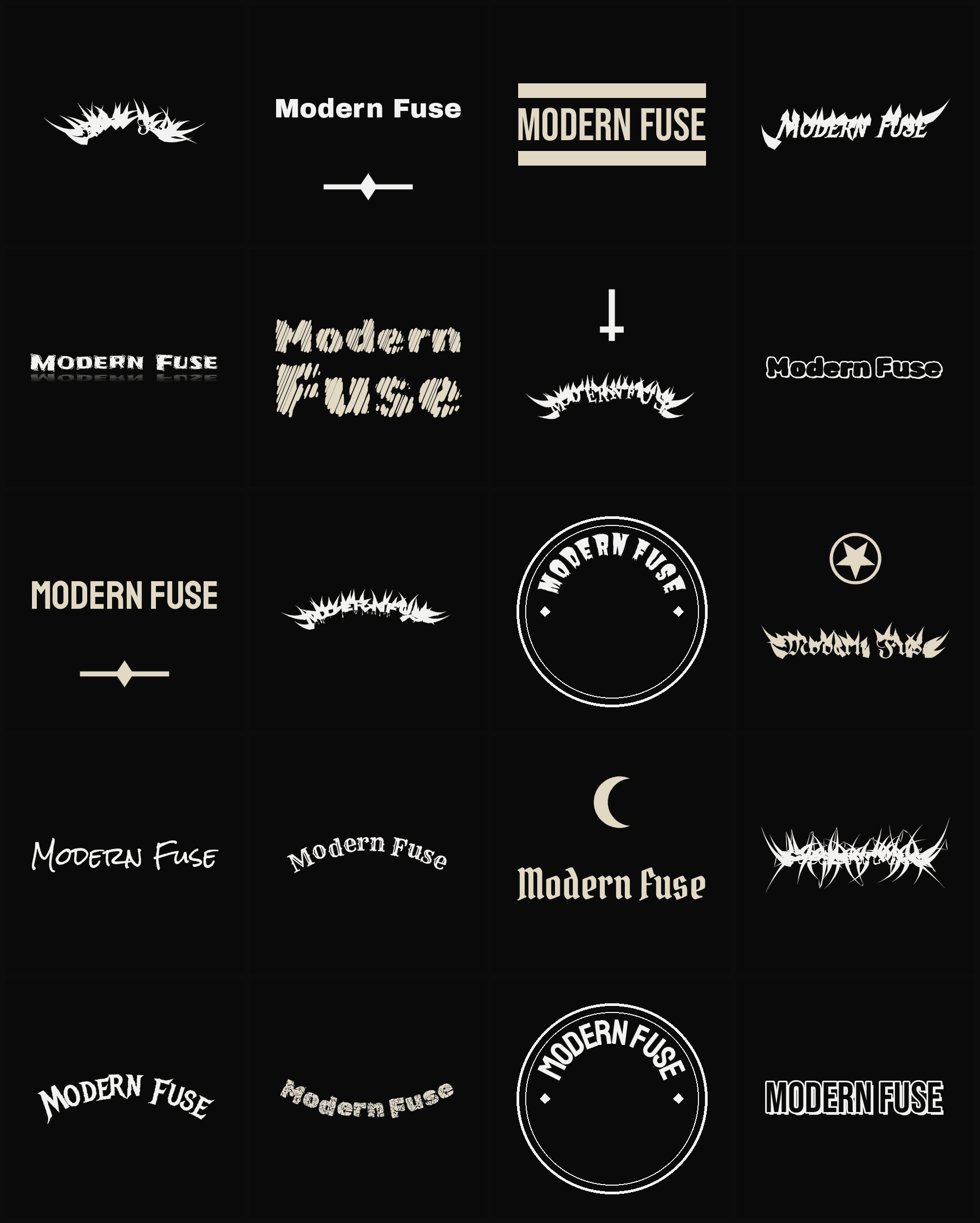 Twenty Modern Fuse band logo ideas — different faces, treatments and spike settings