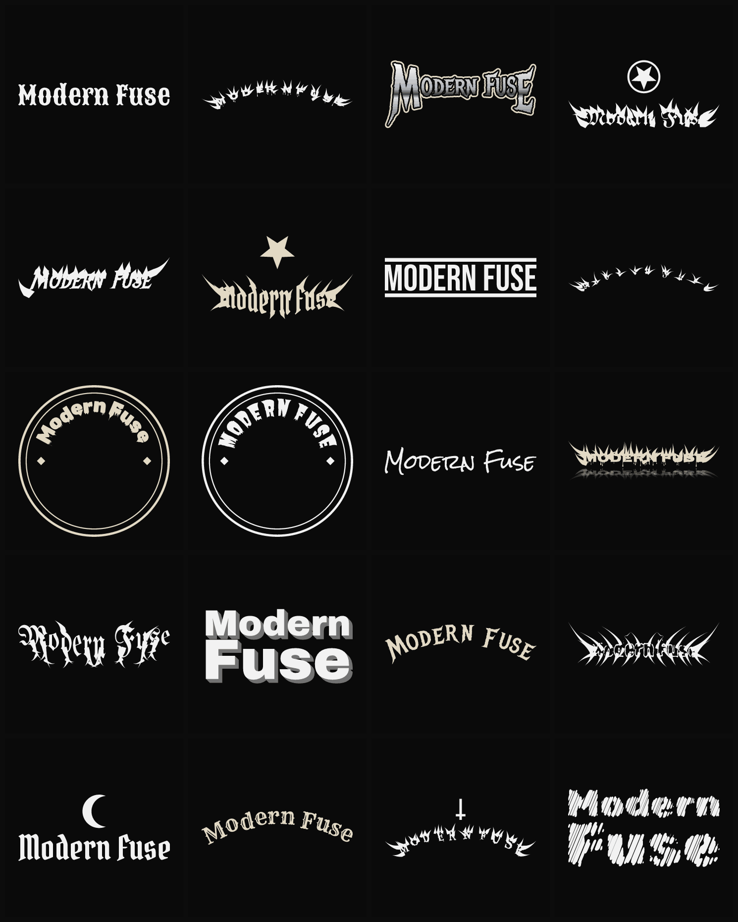 Twenty Modern Fuse band logo ideas — different faces, treatments and spike settings