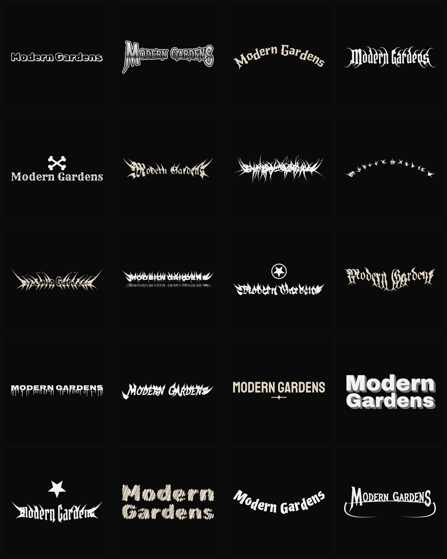 Twenty Modern Gardens band logo ideas — different faces, treatments and spike settings