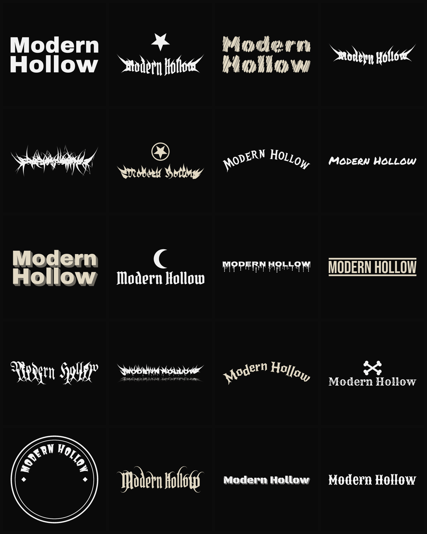 Twenty Modern Hollow band logo ideas — different faces, treatments and spike settings