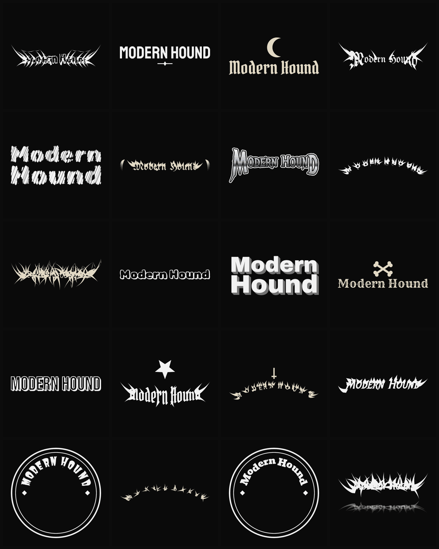 Twenty Modern Hound band logo ideas — different faces, treatments and spike settings