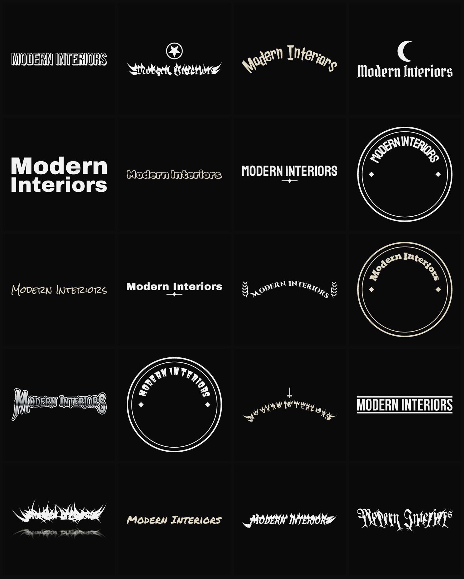 Twenty Modern Interiors band logo ideas — different faces, treatments and spike settings