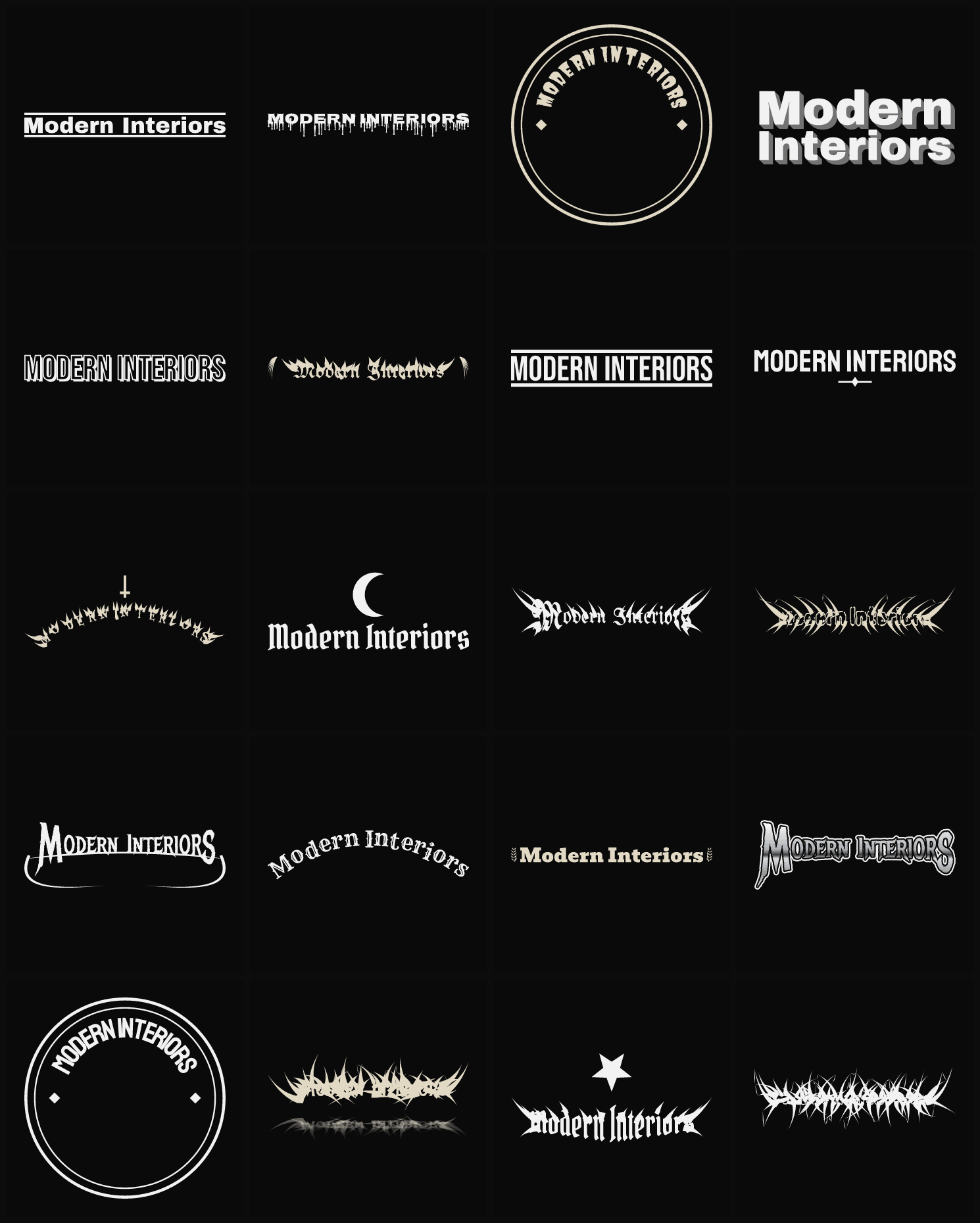 Twenty Modern Interiors band logo ideas — different faces, treatments and spike settings