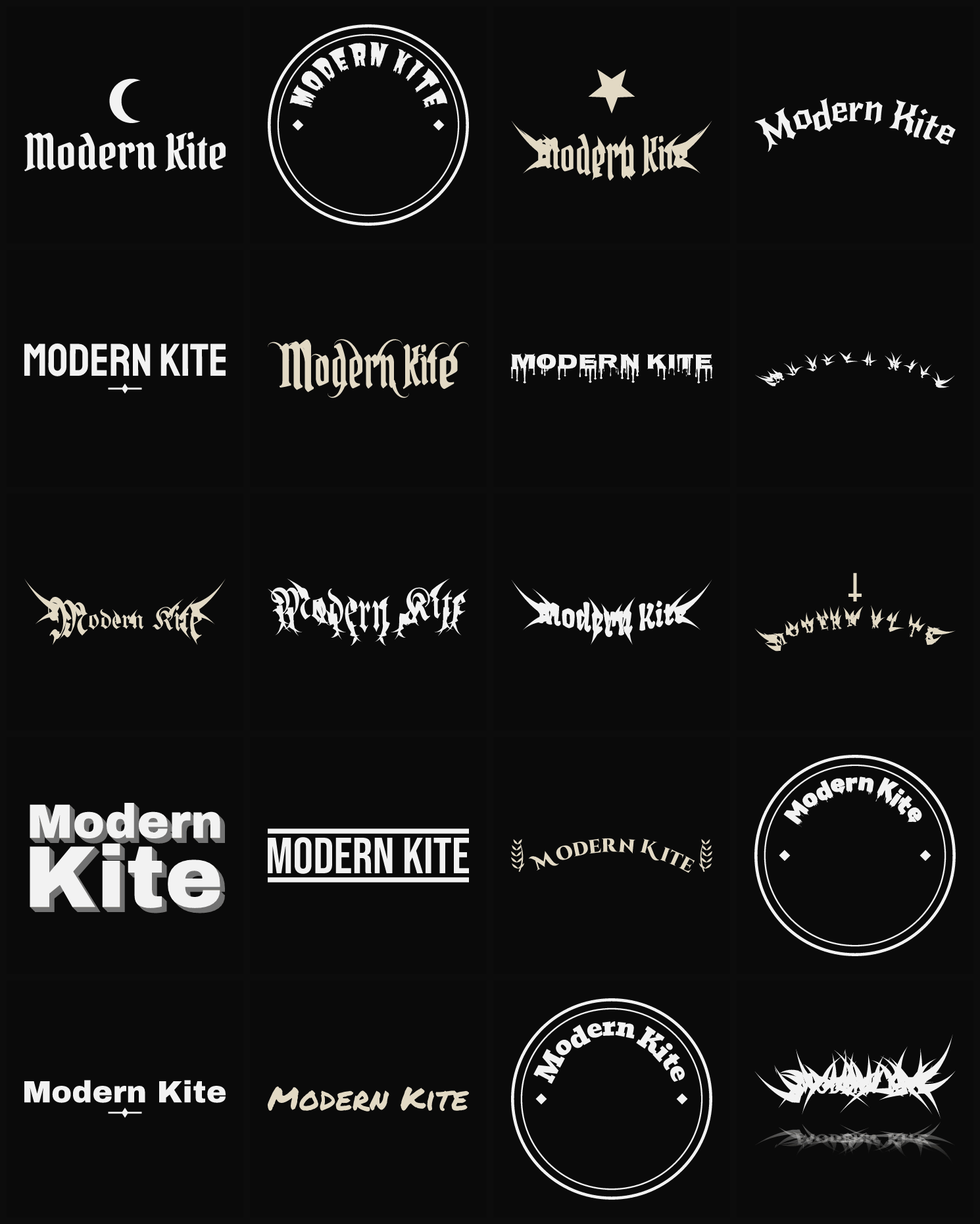 Twenty Modern Kite band logo ideas — different faces, treatments and spike settings