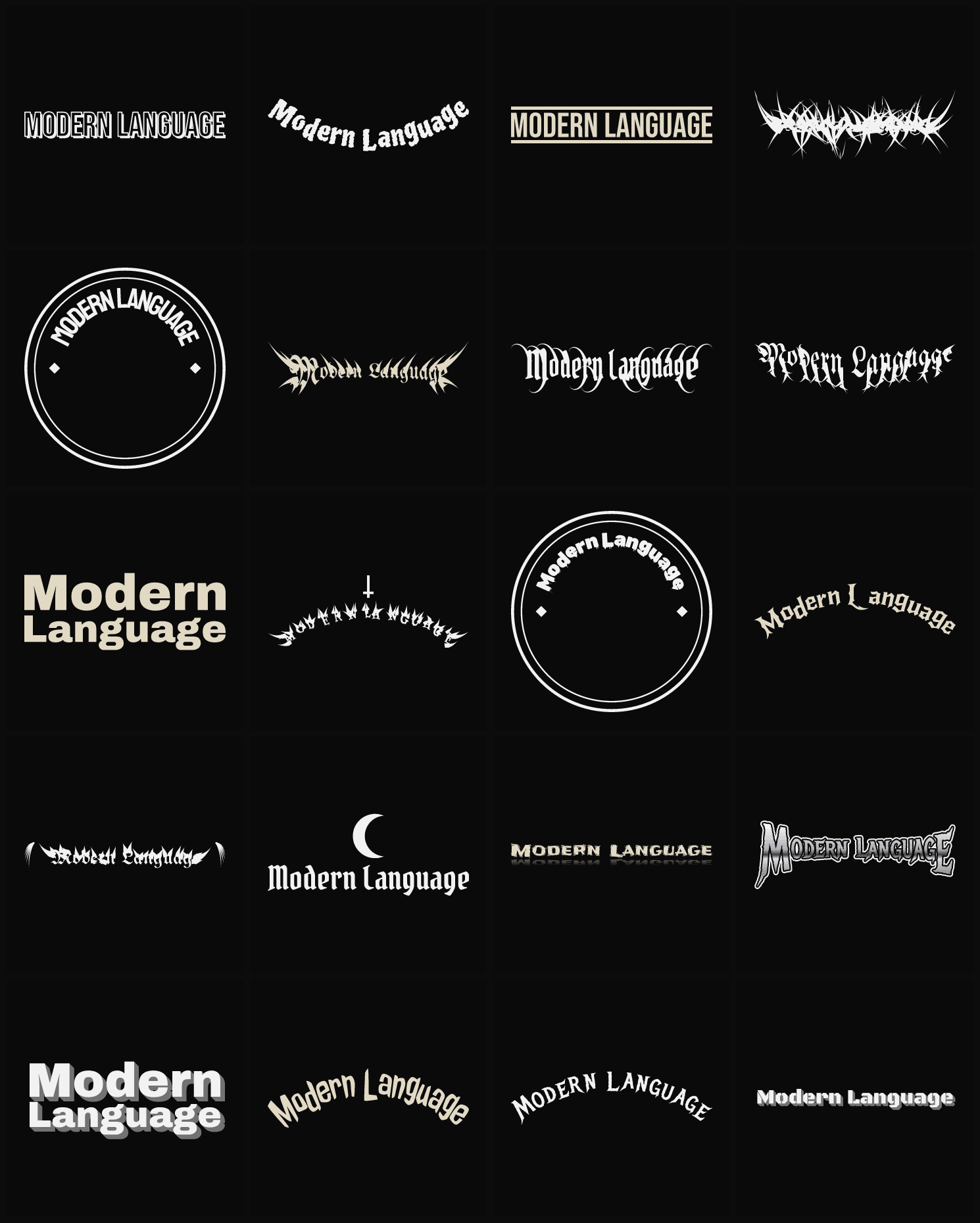 Twenty Modern Language band logo ideas — different faces, treatments and spike settings
