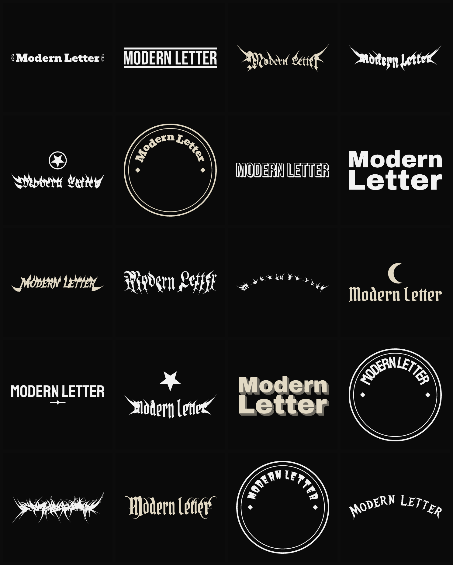 Twenty Modern Letter band logo ideas — different faces, treatments and spike settings