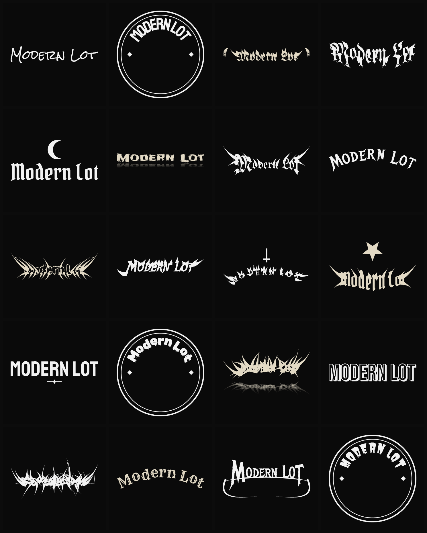 Twenty Modern Lot band logo ideas — different faces, treatments and spike settings