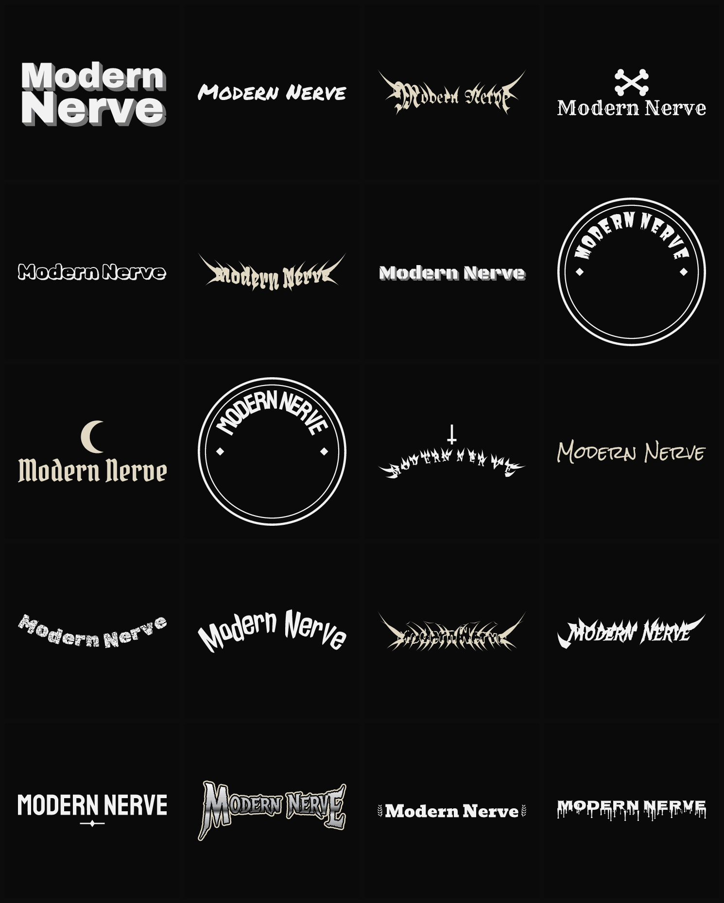 Twenty Modern Nerve band logo ideas — different faces, treatments and spike settings