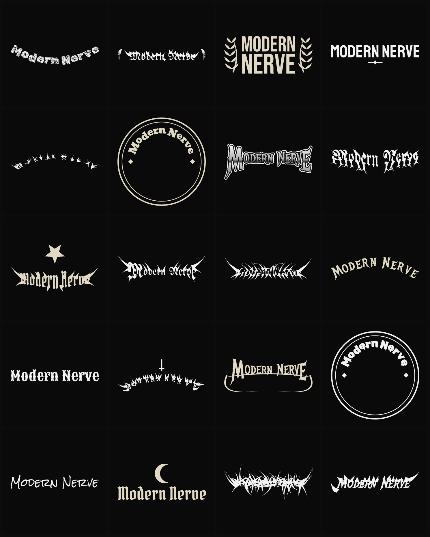 Twenty Modern Nerve band logo ideas — different faces, treatments and spike settings