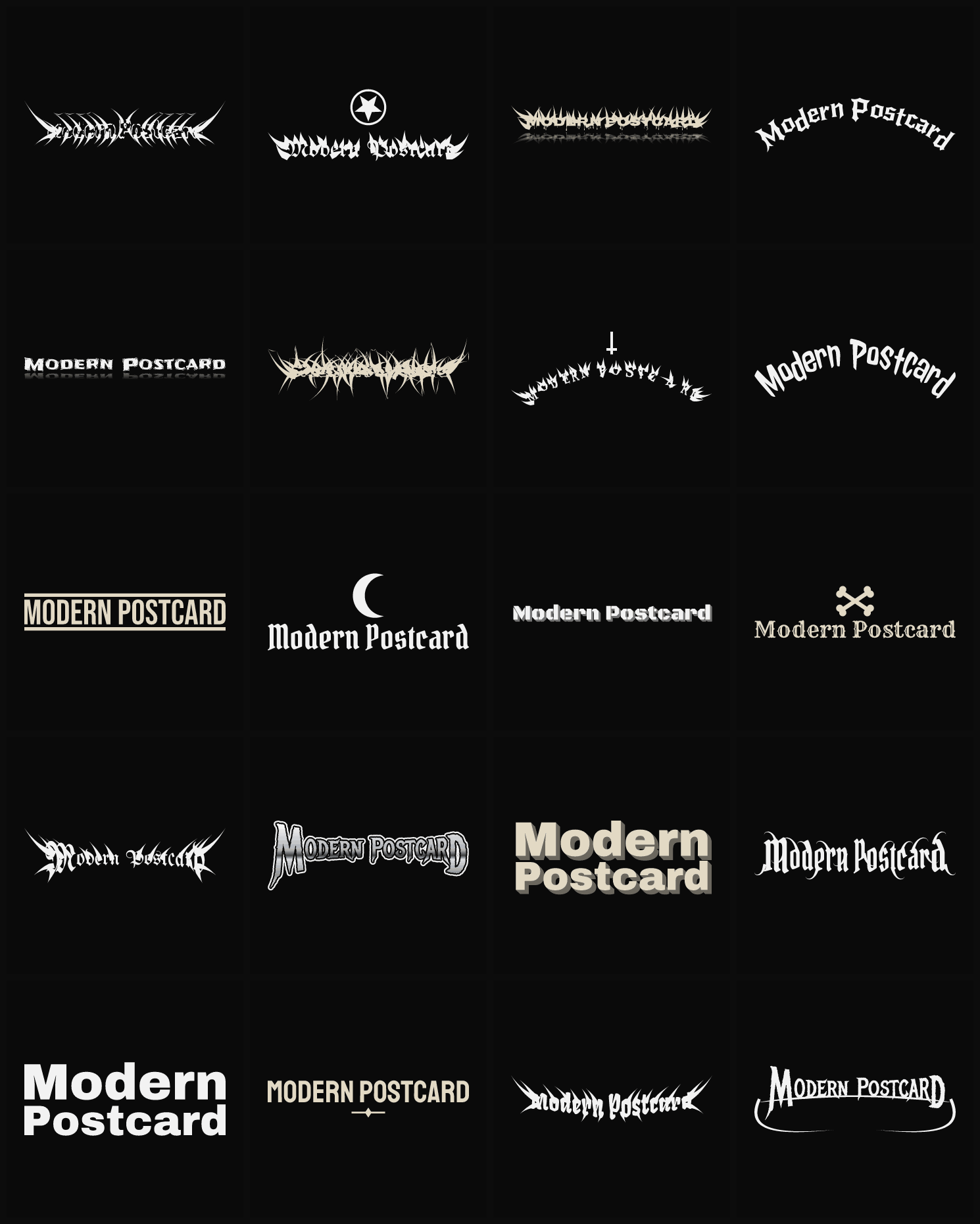 Twenty Modern Postcard band logo ideas — different faces, treatments and spike settings