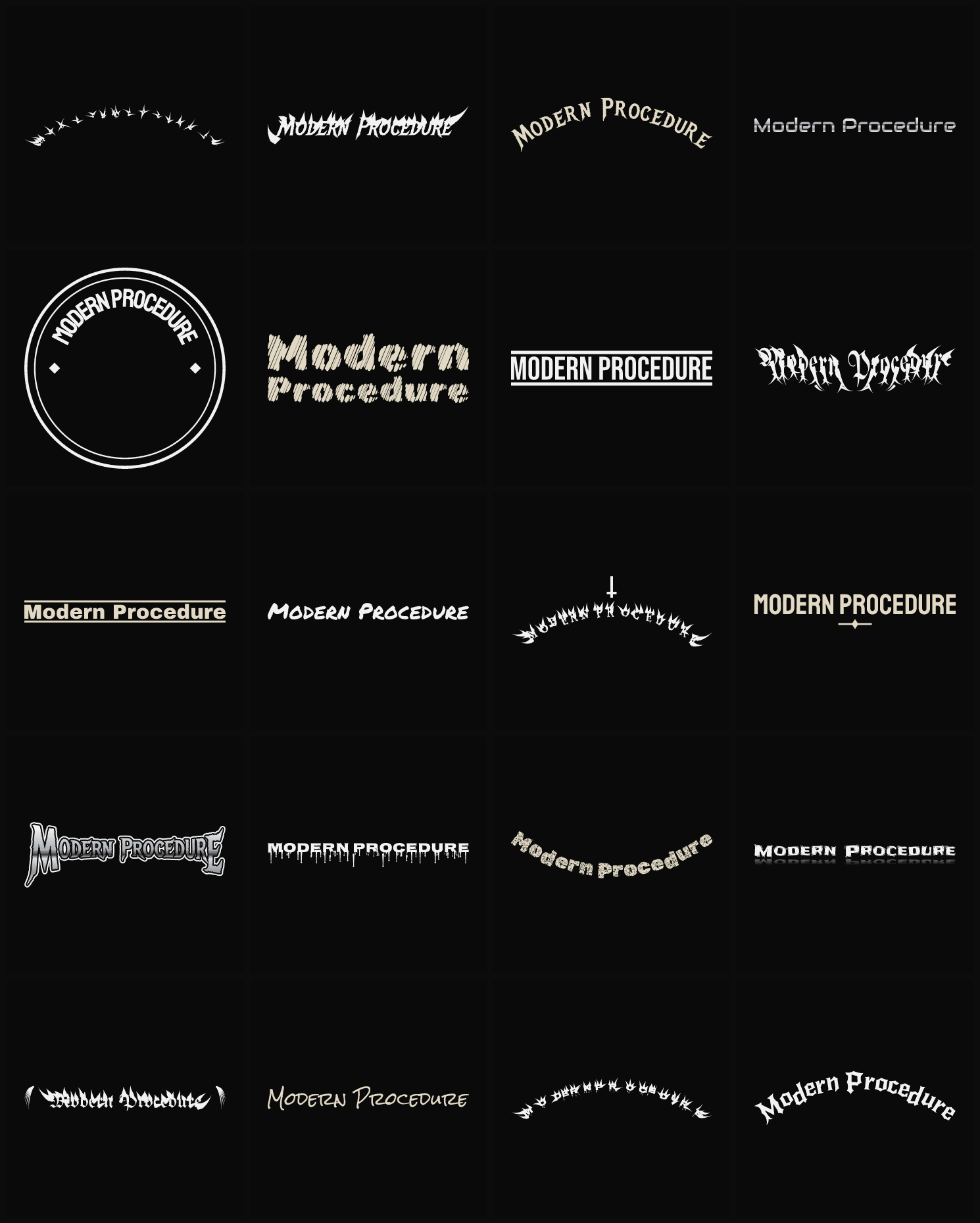 Twenty Modern Procedure band logo ideas — different faces, treatments and spike settings