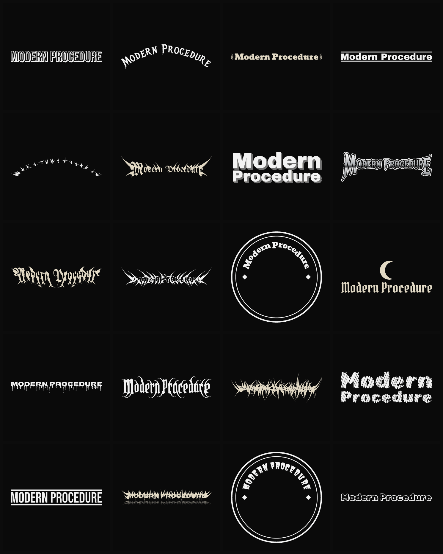 Twenty Modern Procedure band logo ideas — different faces, treatments and spike settings