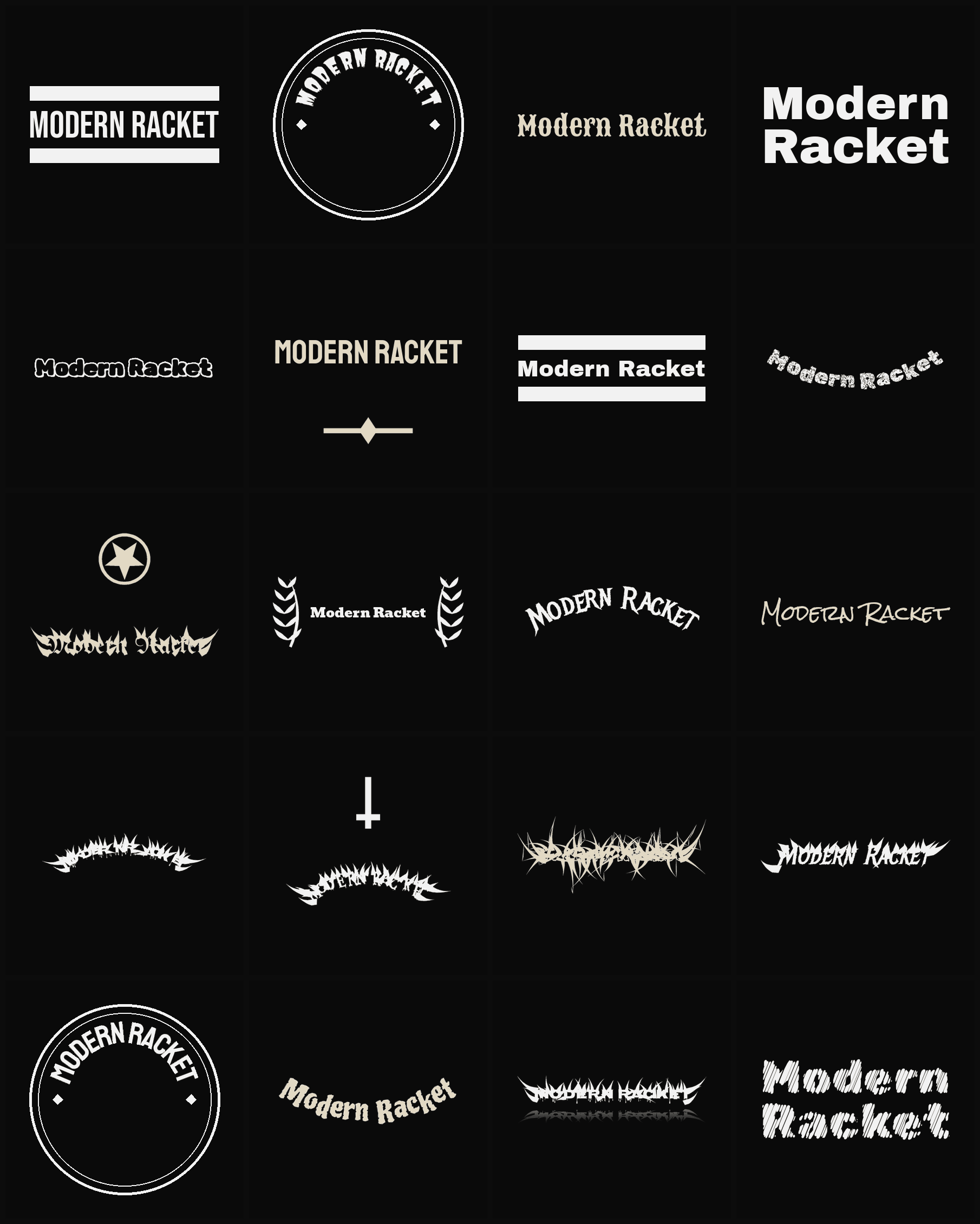 Twenty Modern Racket band logo ideas — different faces, treatments and spike settings