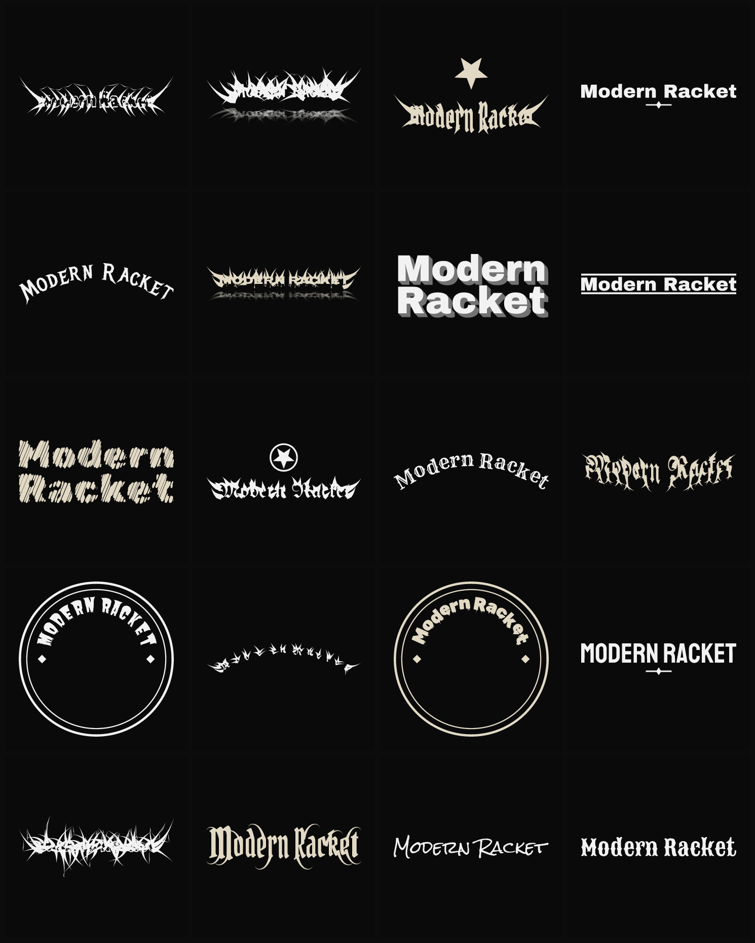 Twenty Modern Racket band logo ideas — different faces, treatments and spike settings