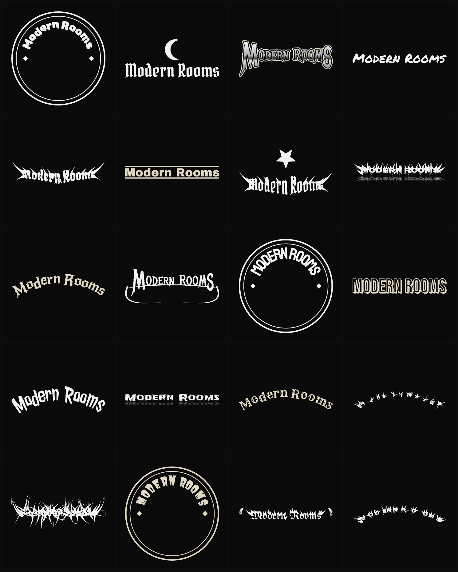 Twenty Modern Rooms band logo ideas — different faces, treatments and spike settings