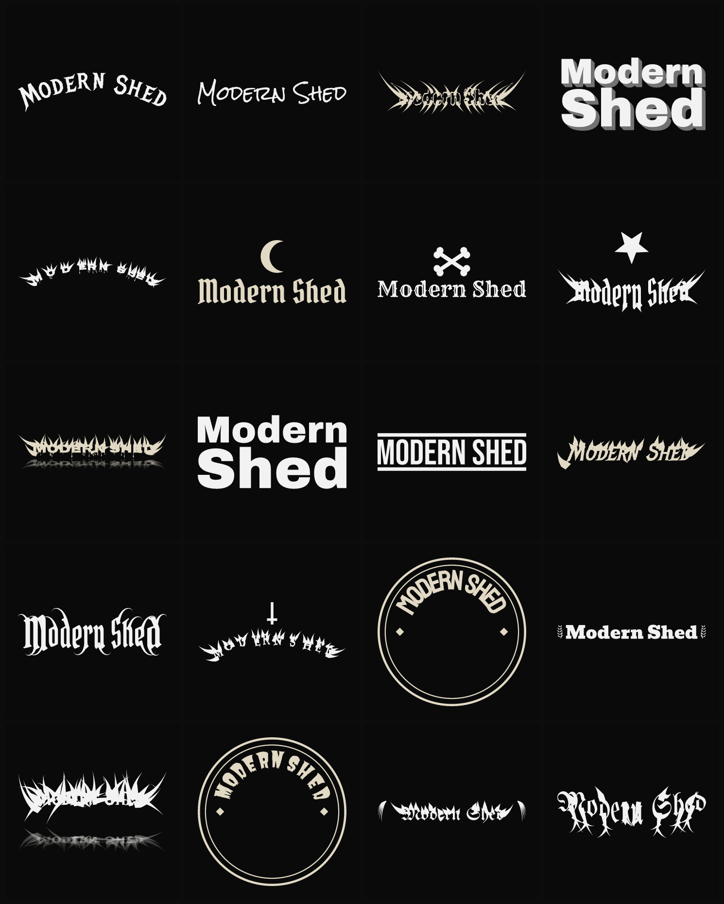 Twenty Modern Shed band logo ideas — different faces, treatments and spike settings