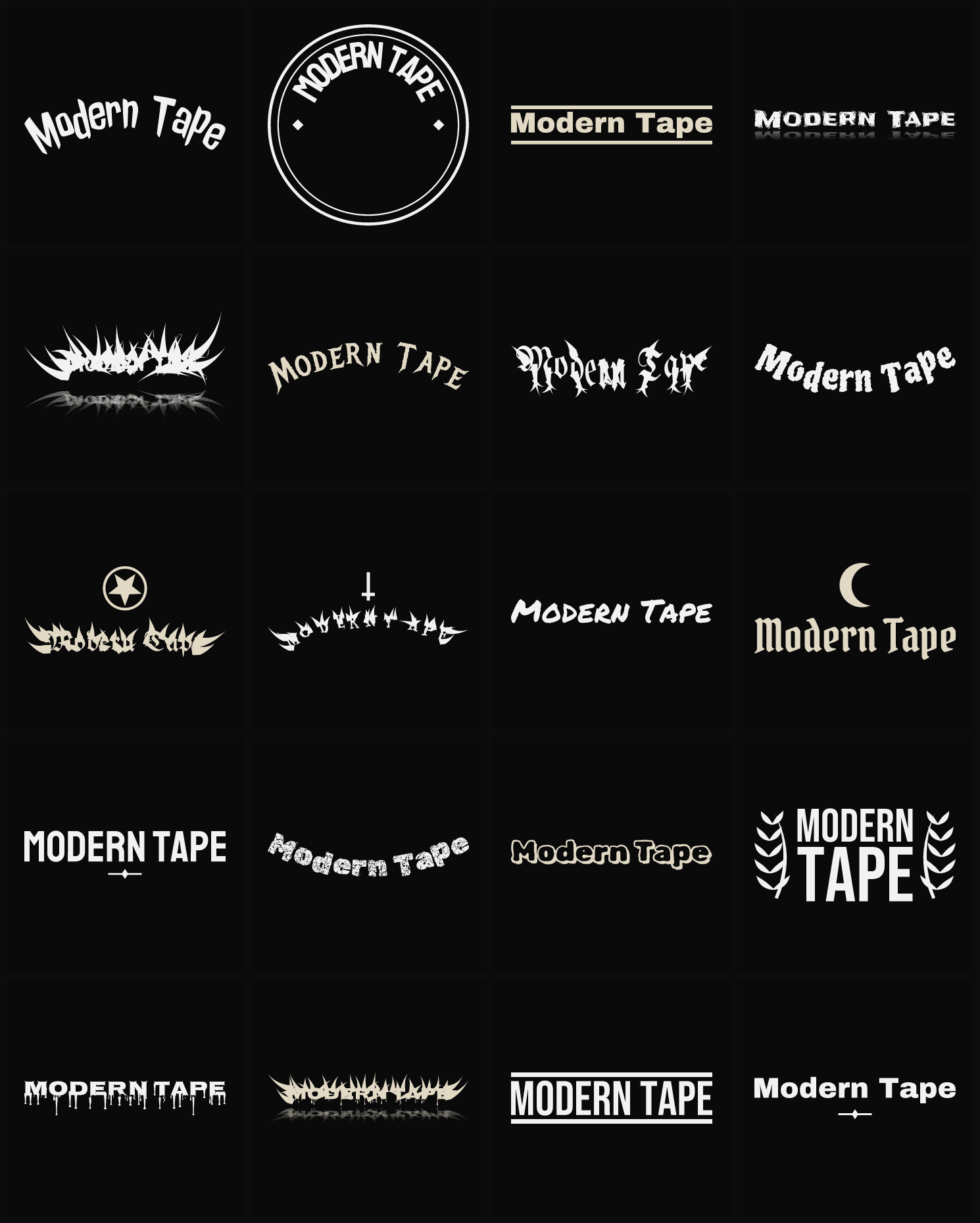 Twenty Modern Tape band logo ideas — different faces, treatments and spike settings