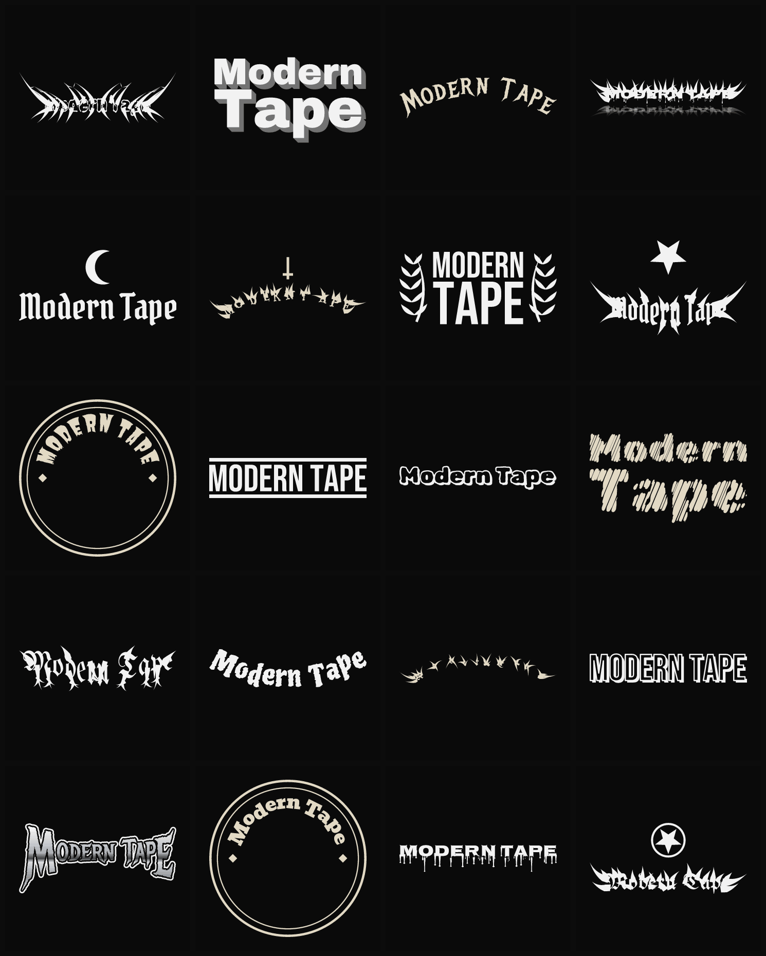 Twenty Modern Tape band logo ideas — different faces, treatments and spike settings