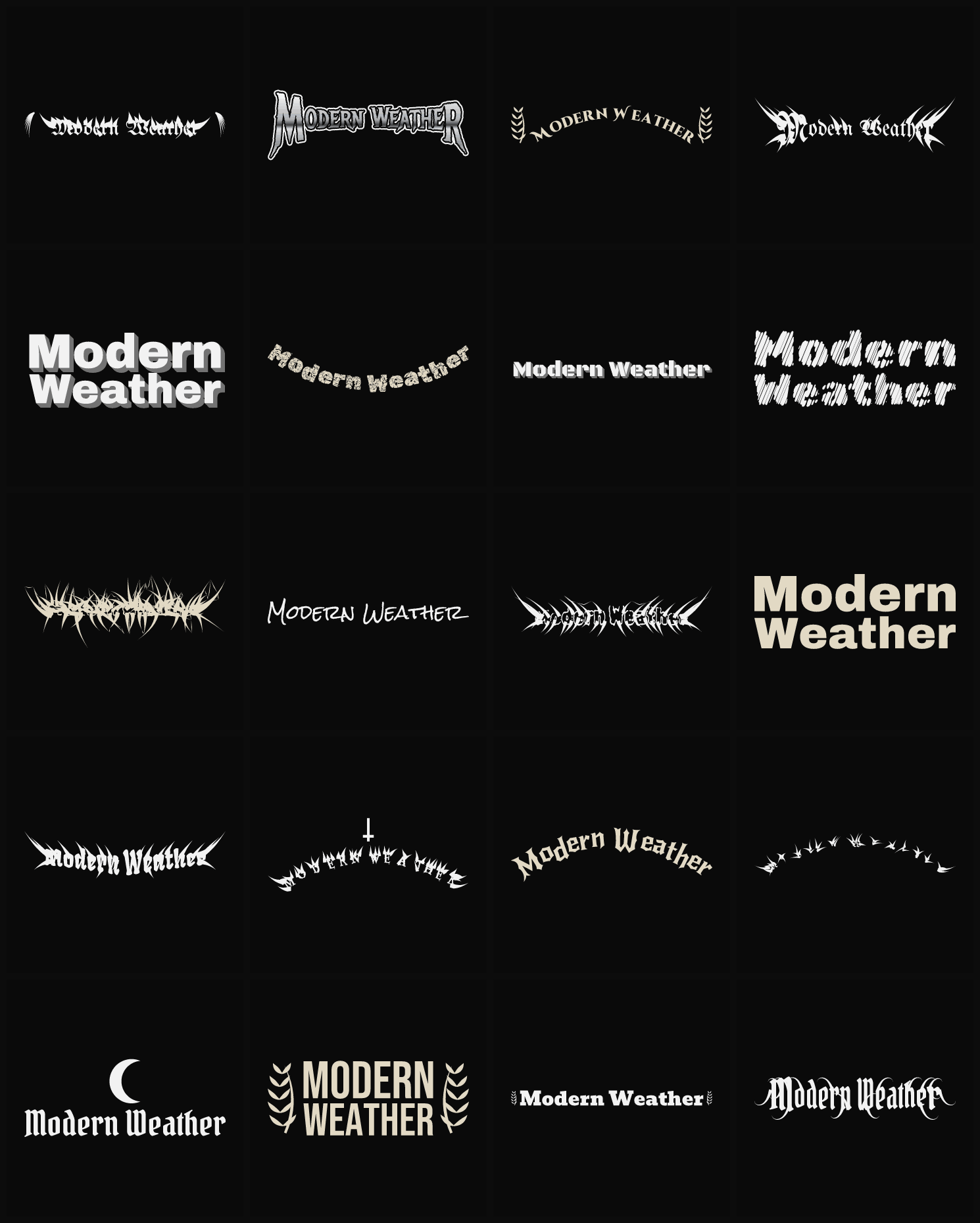 Twenty Modern Weather band logo ideas — different faces, treatments and spike settings