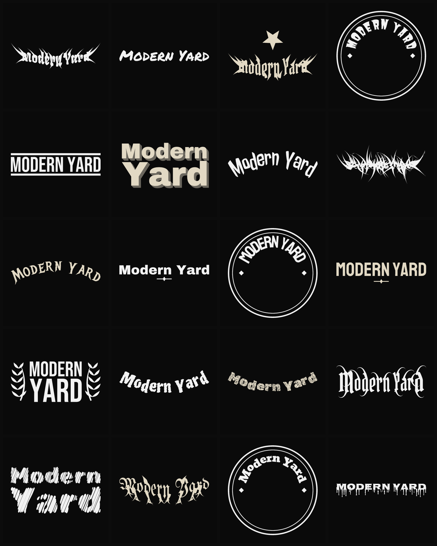 Twenty Modern Yard band logo ideas — different faces, treatments and spike settings