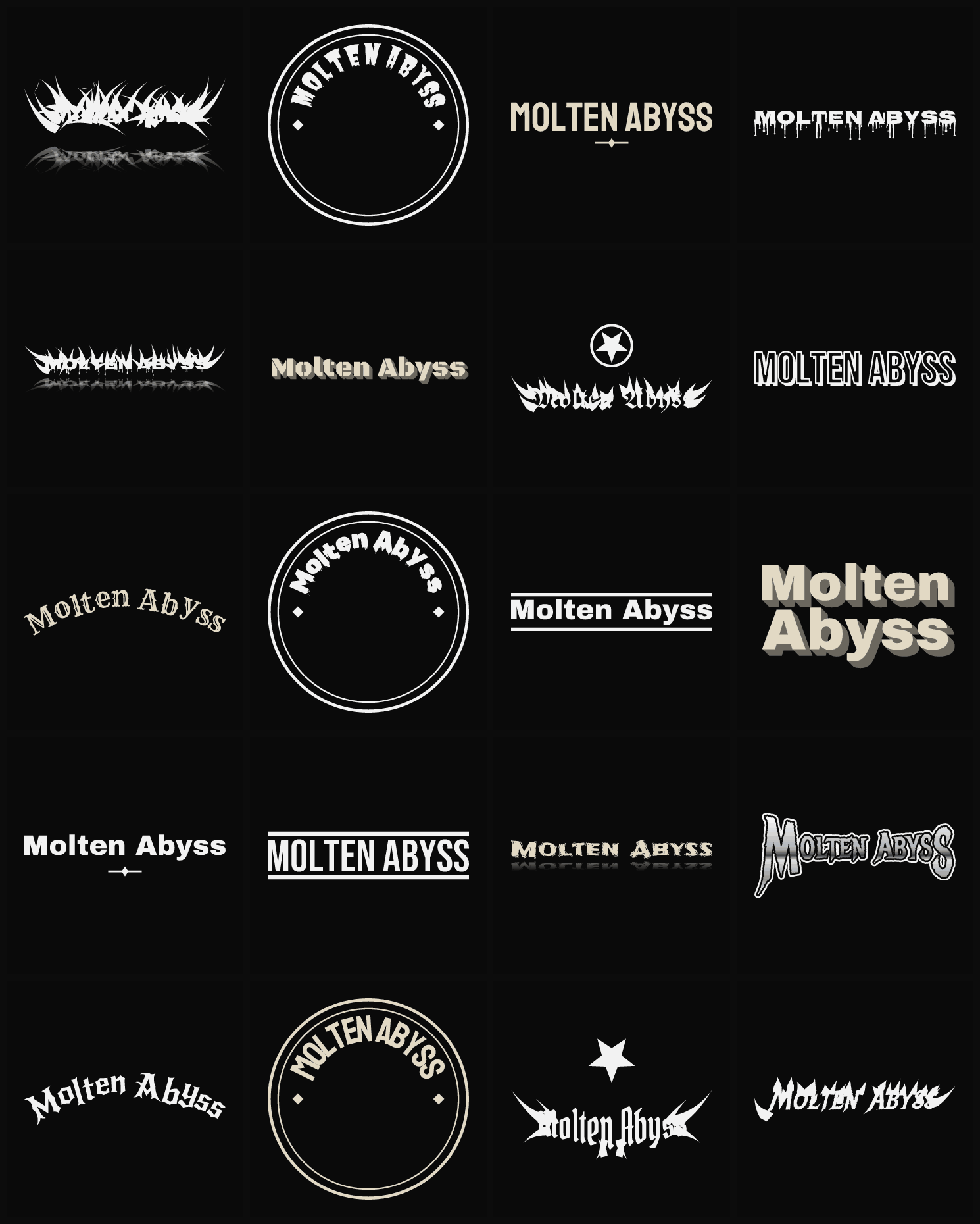 Twenty Molten Abyss band logo ideas — different faces, treatments and spike settings