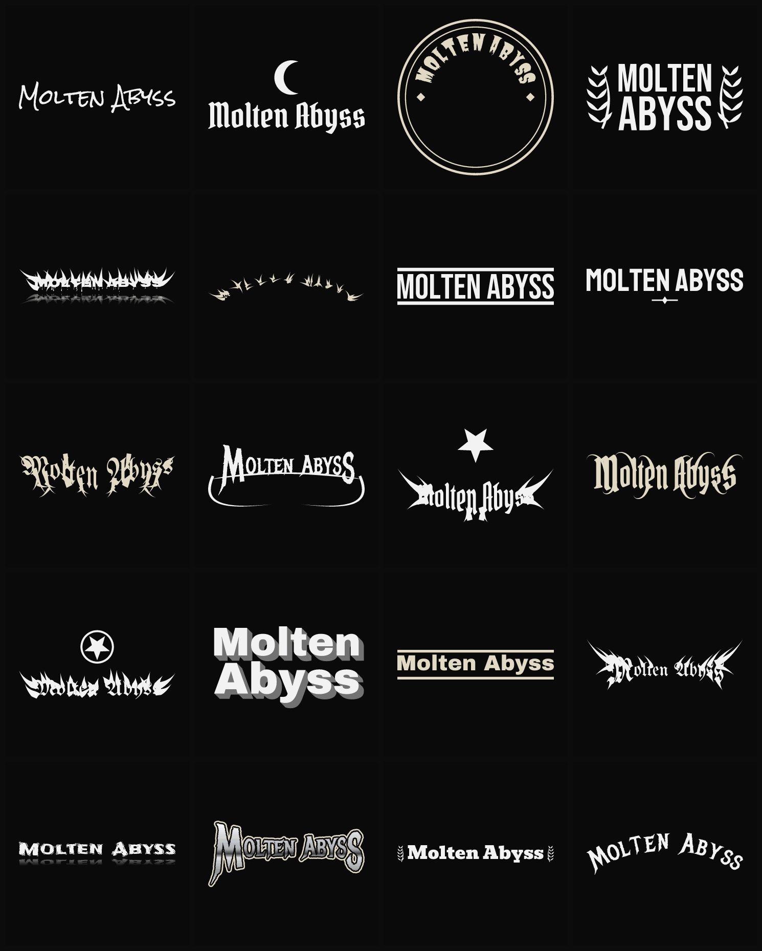 Twenty Molten Abyss band logo ideas — different faces, treatments and spike settings