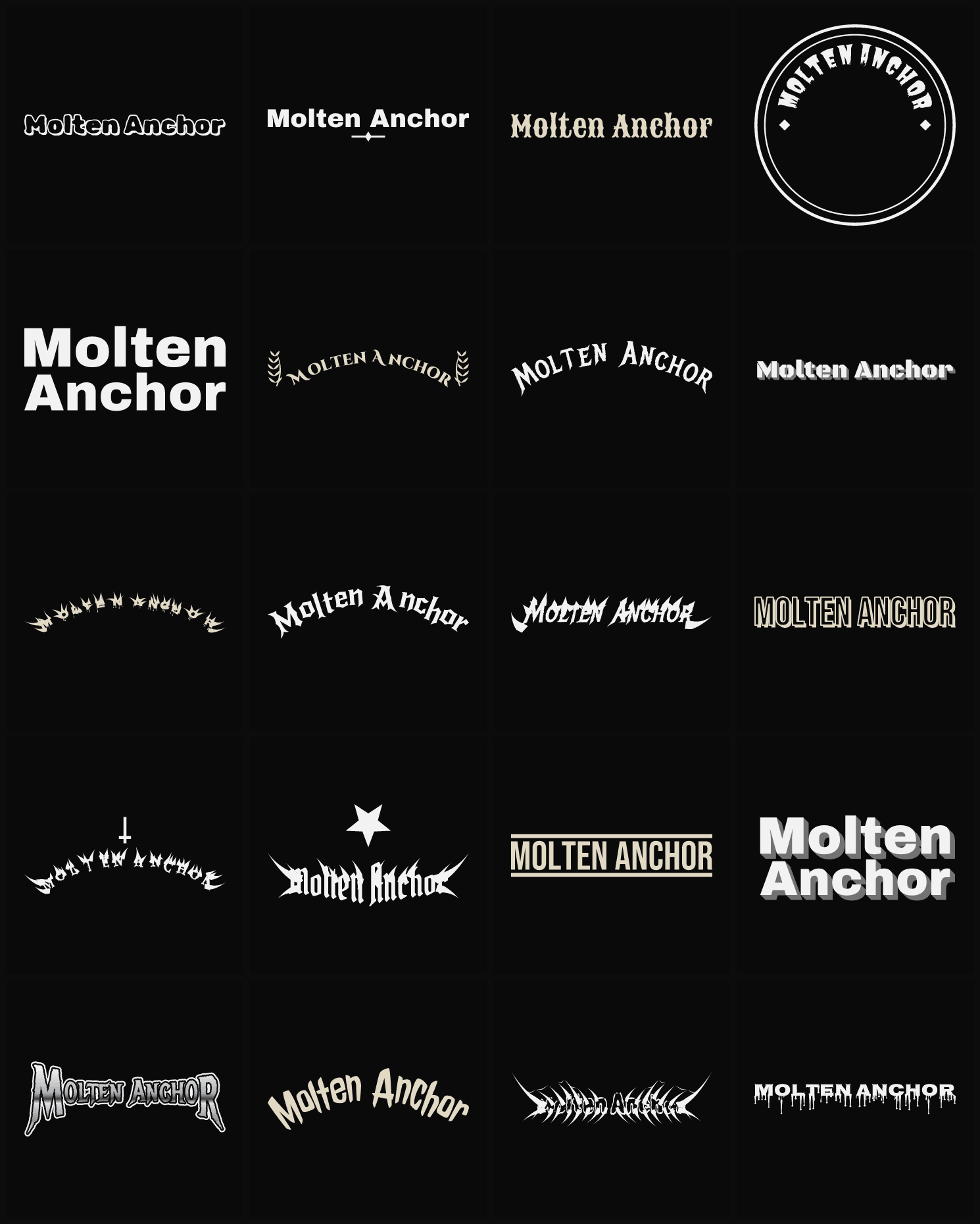 Twenty Molten Anchor band logo ideas — different faces, treatments and spike settings