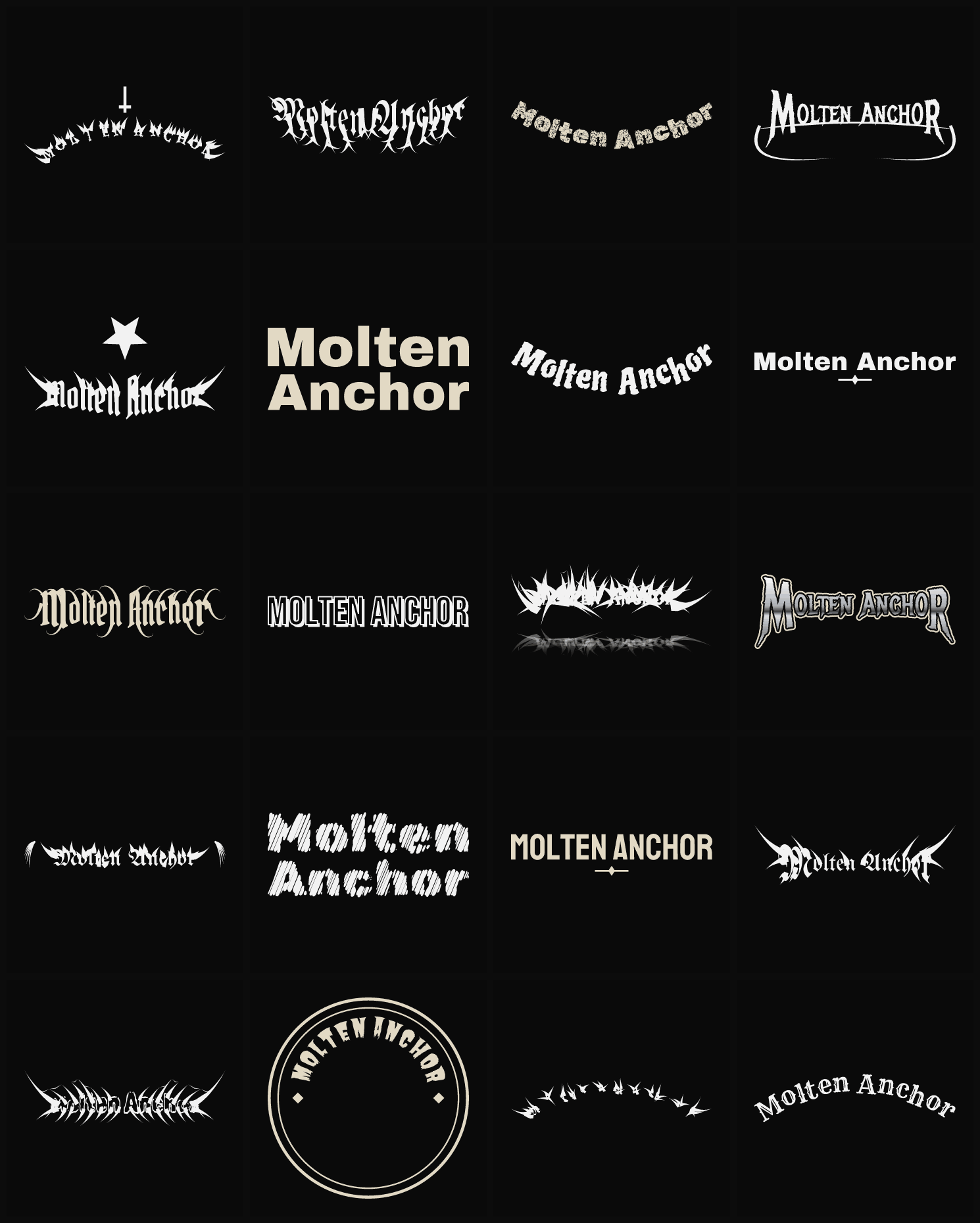 Twenty Molten Anchor band logo ideas — different faces, treatments and spike settings