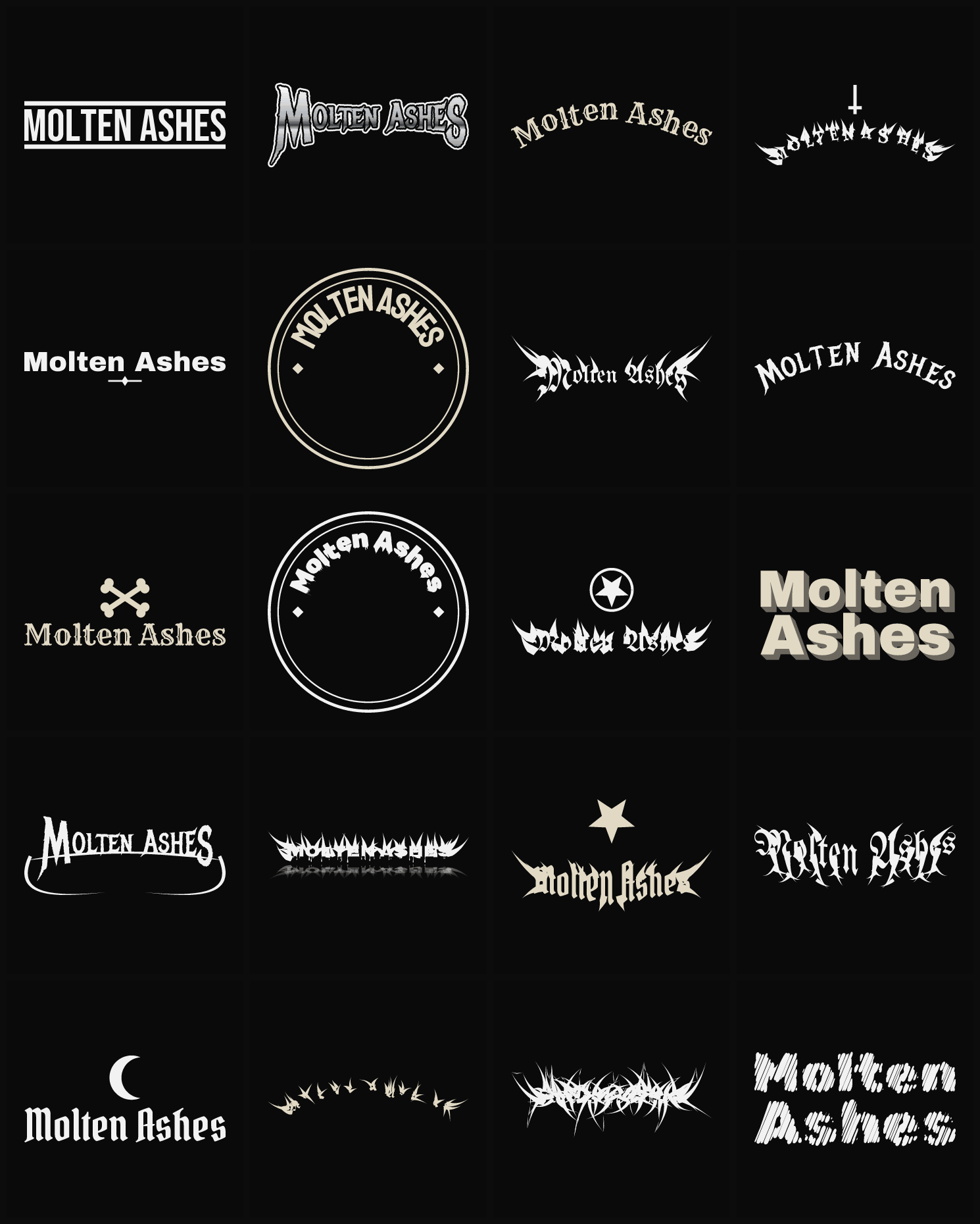 Twenty Molten Ashes band logo ideas — different faces, treatments and spike settings