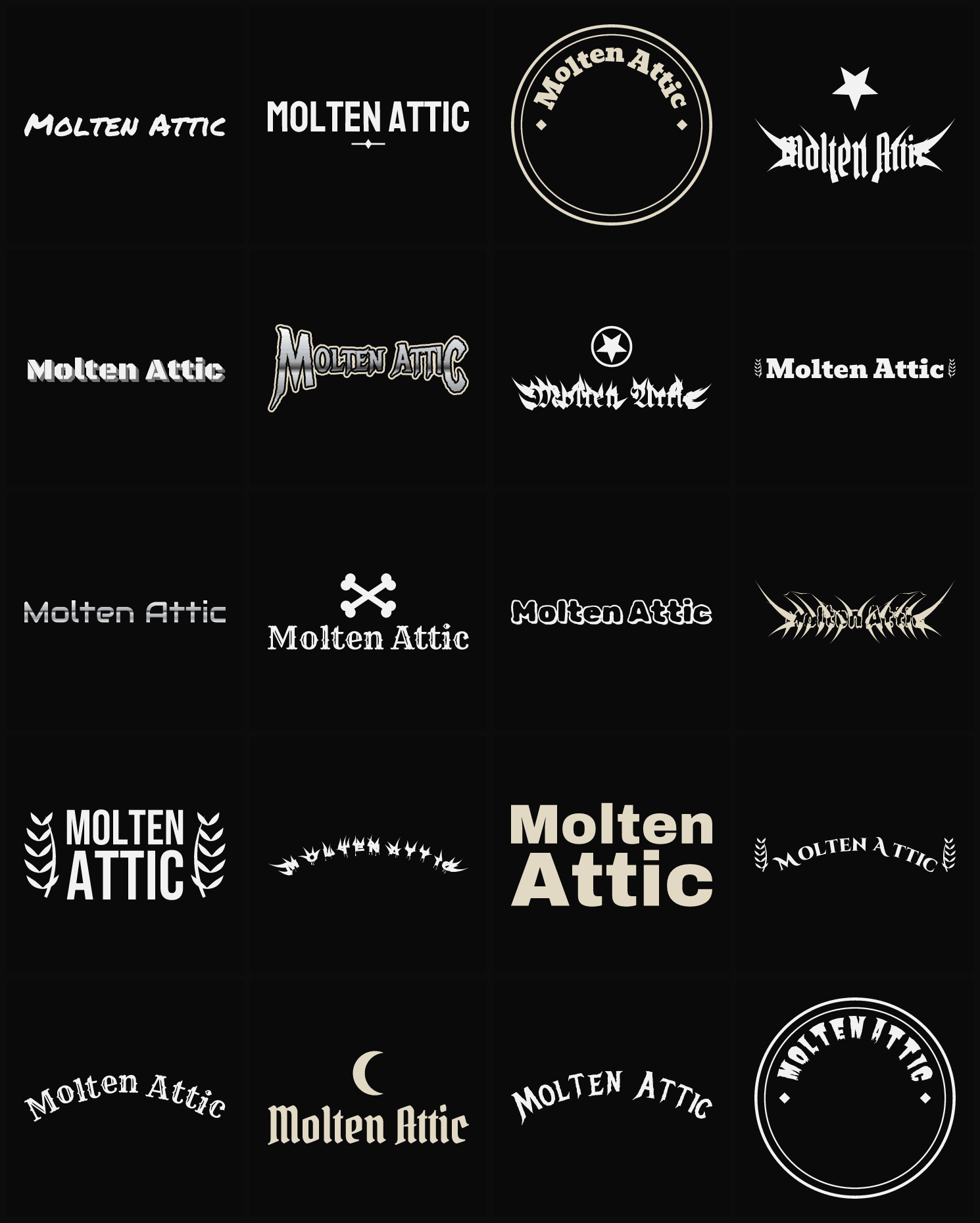 Twenty Molten Attic band logo ideas — different faces, treatments and spike settings