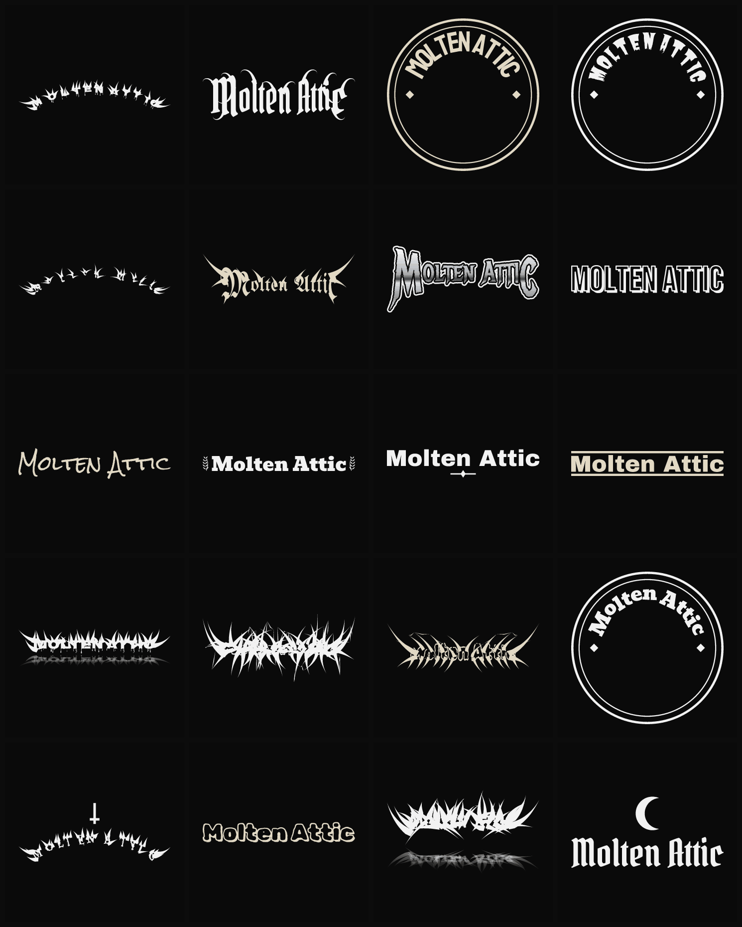 Twenty Molten Attic band logo ideas — different faces, treatments and spike settings