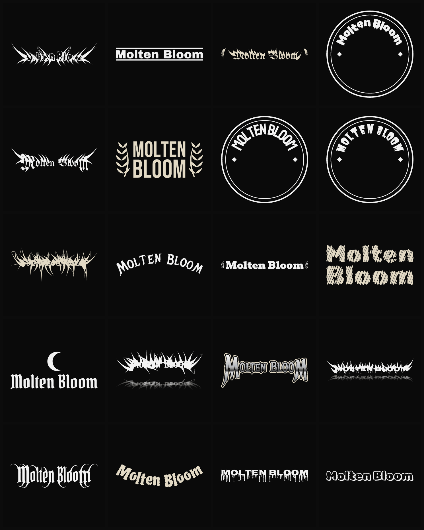 Twenty Molten Bloom band logo ideas — different faces, treatments and spike settings