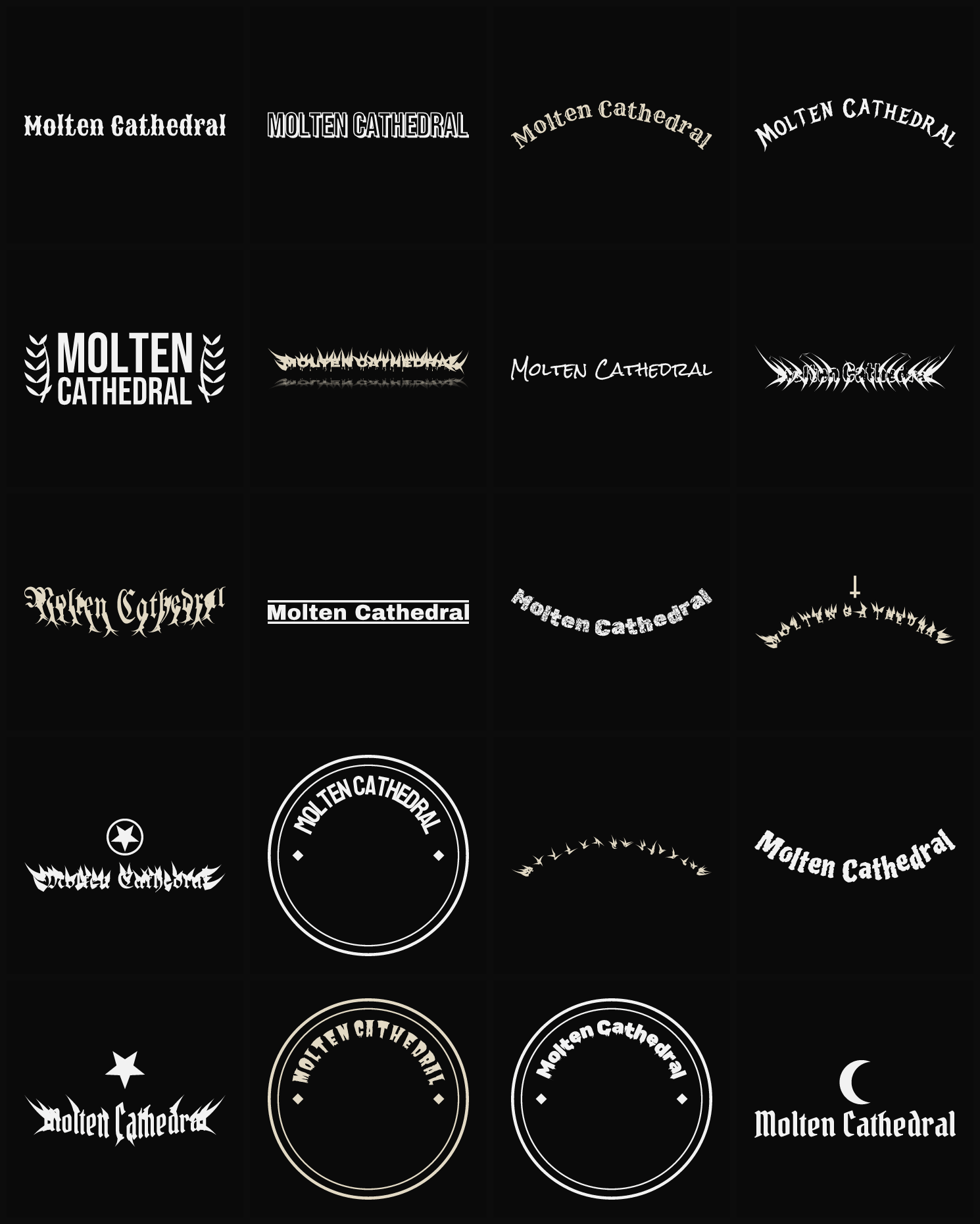 Twenty Molten Cathedral band logo ideas — different faces, treatments and spike settings