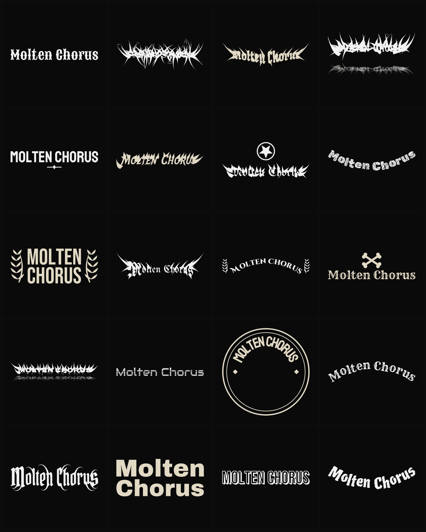 Twenty Molten Chorus band logo ideas — different faces, treatments and spike settings