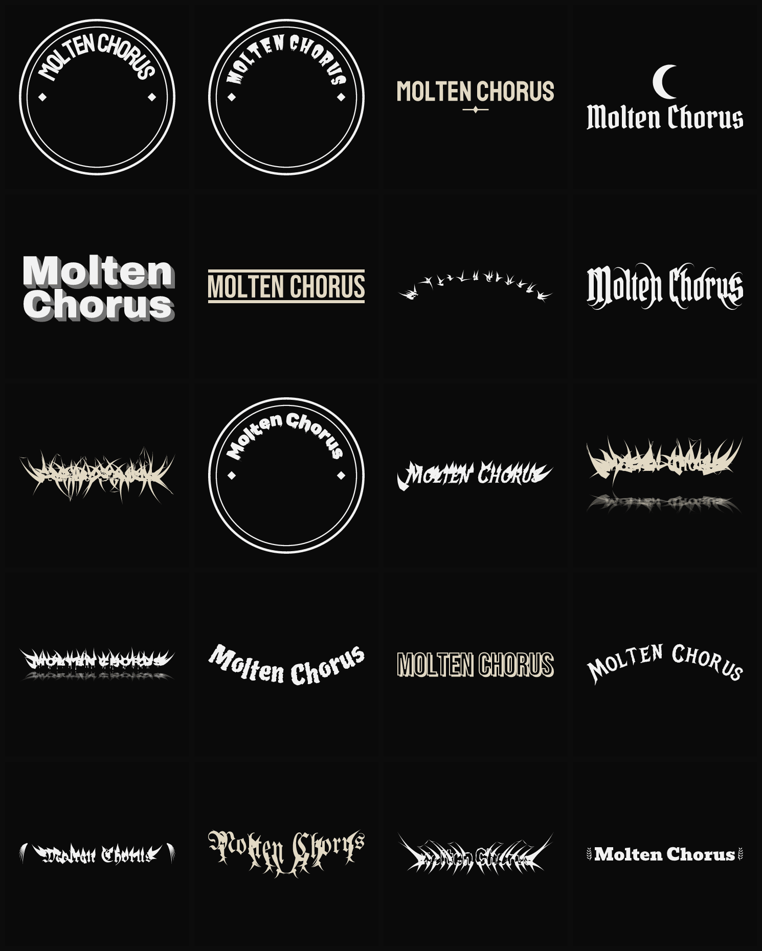 Twenty Molten Chorus band logo ideas — different faces, treatments and spike settings