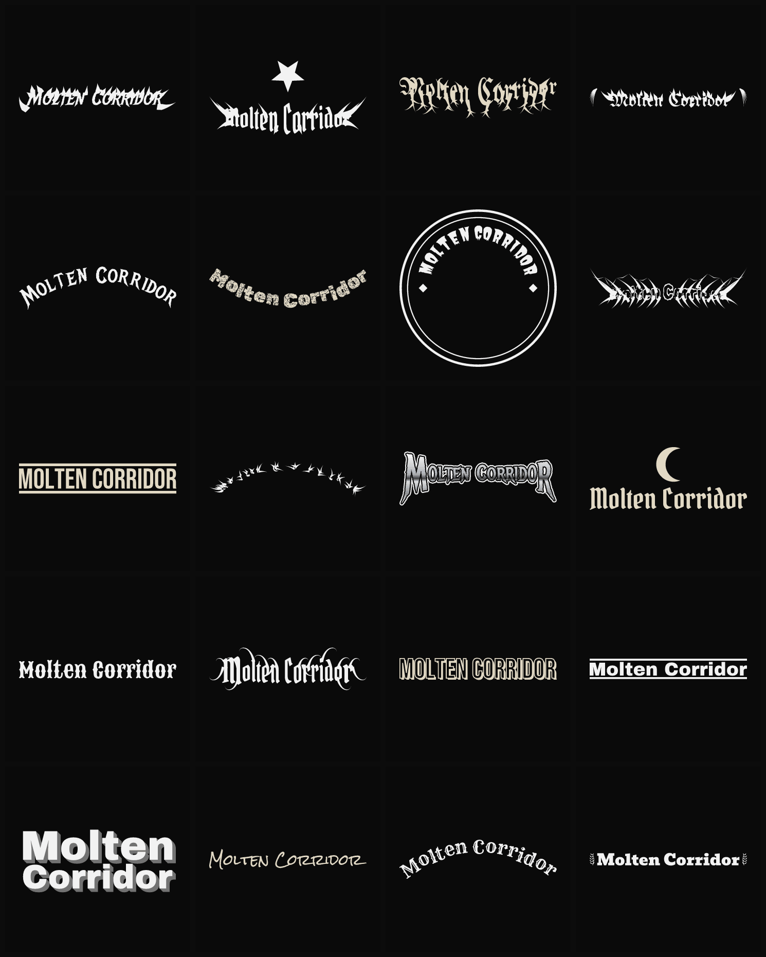 Twenty Molten Corridor band logo ideas — different faces, treatments and spike settings