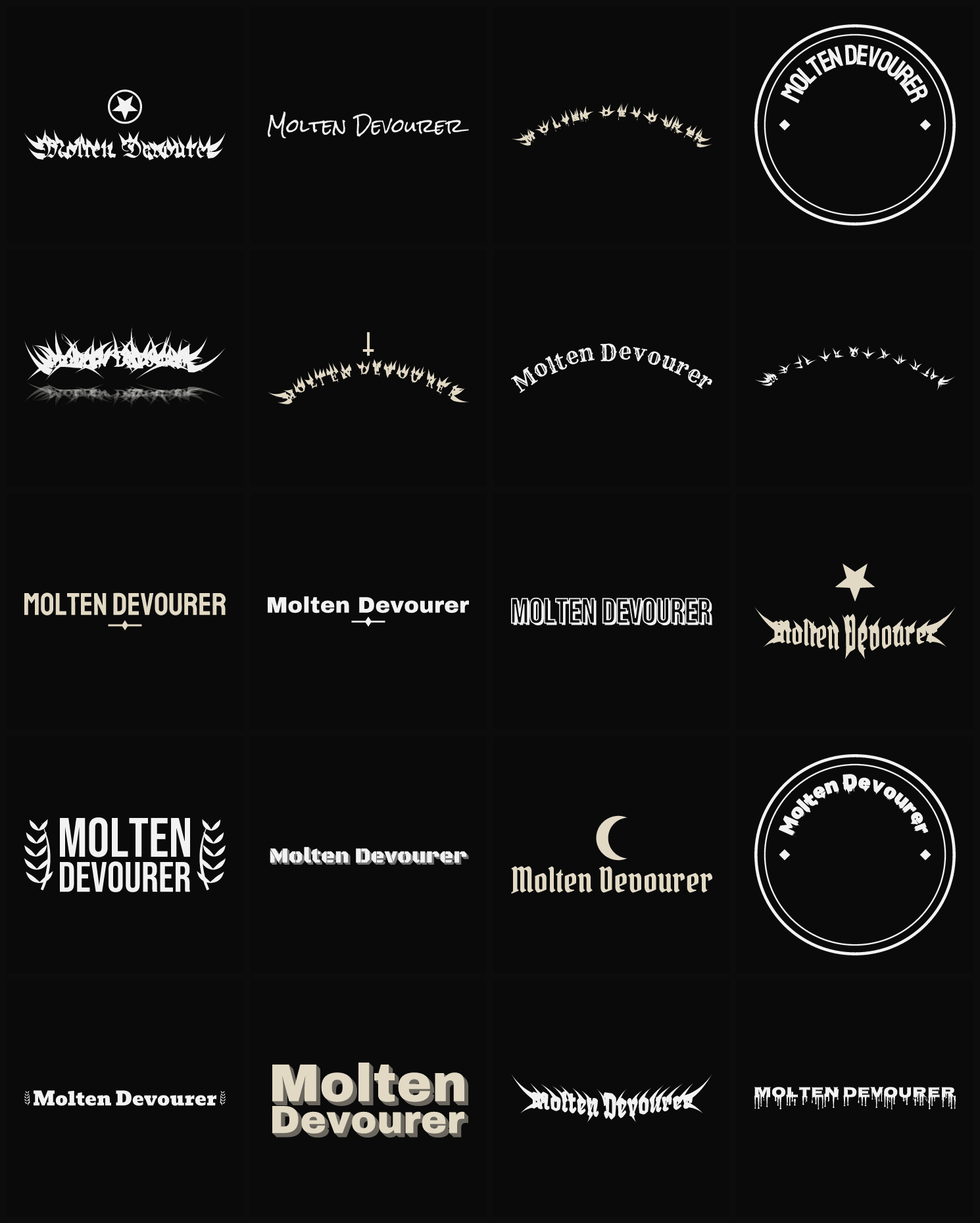 Twenty Molten Devourer band logo ideas — different faces, treatments and spike settings