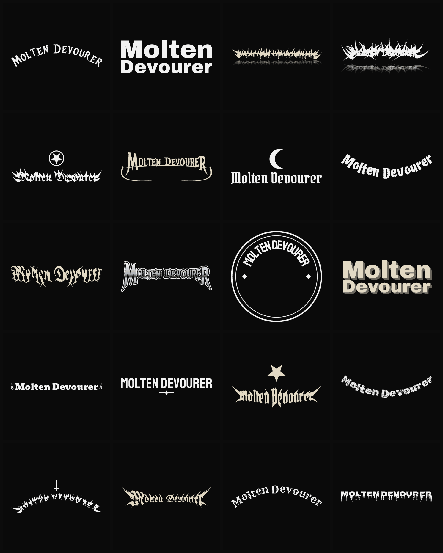 Twenty Molten Devourer band logo ideas — different faces, treatments and spike settings