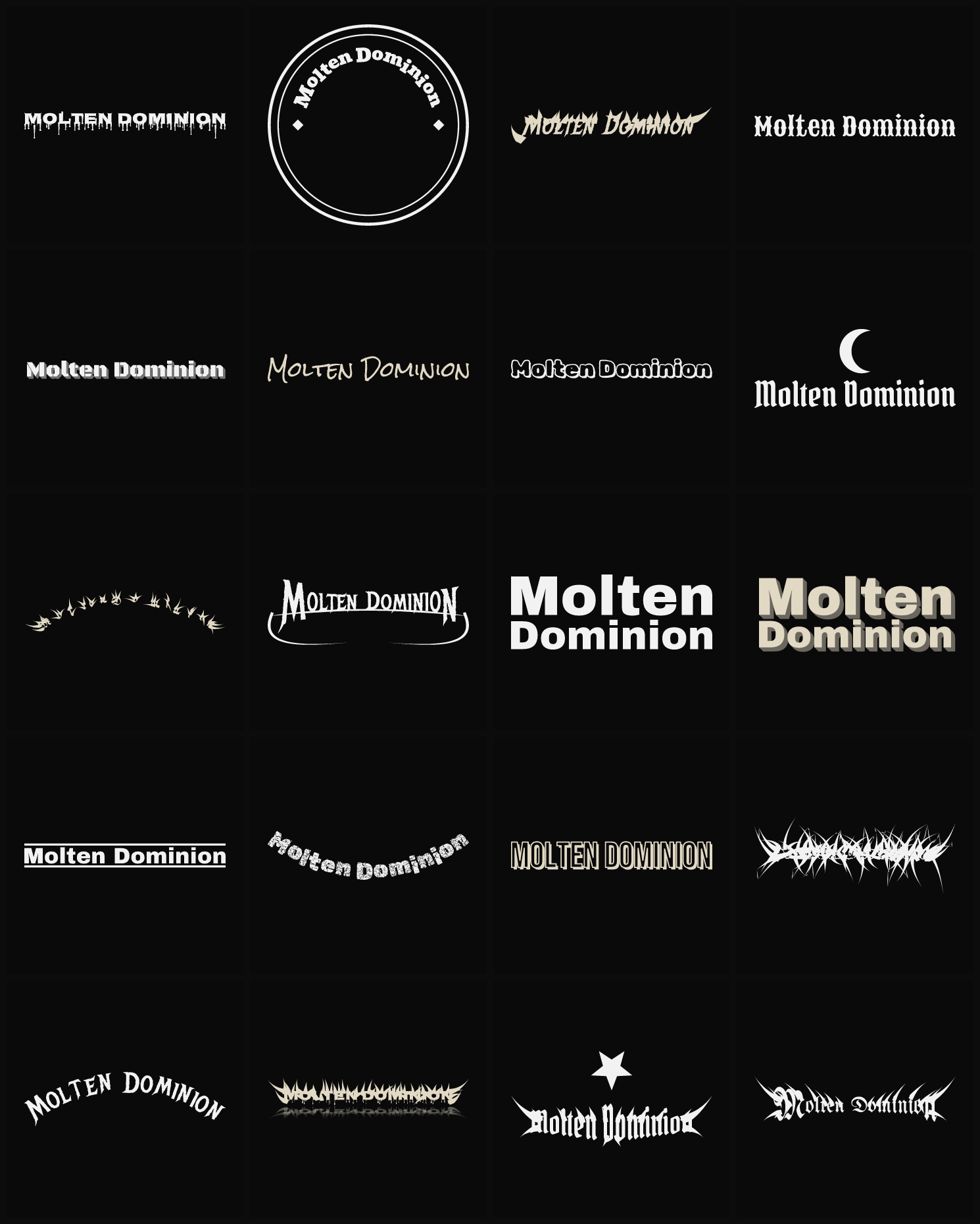Twenty Molten Dominion band logo ideas — different faces, treatments and spike settings