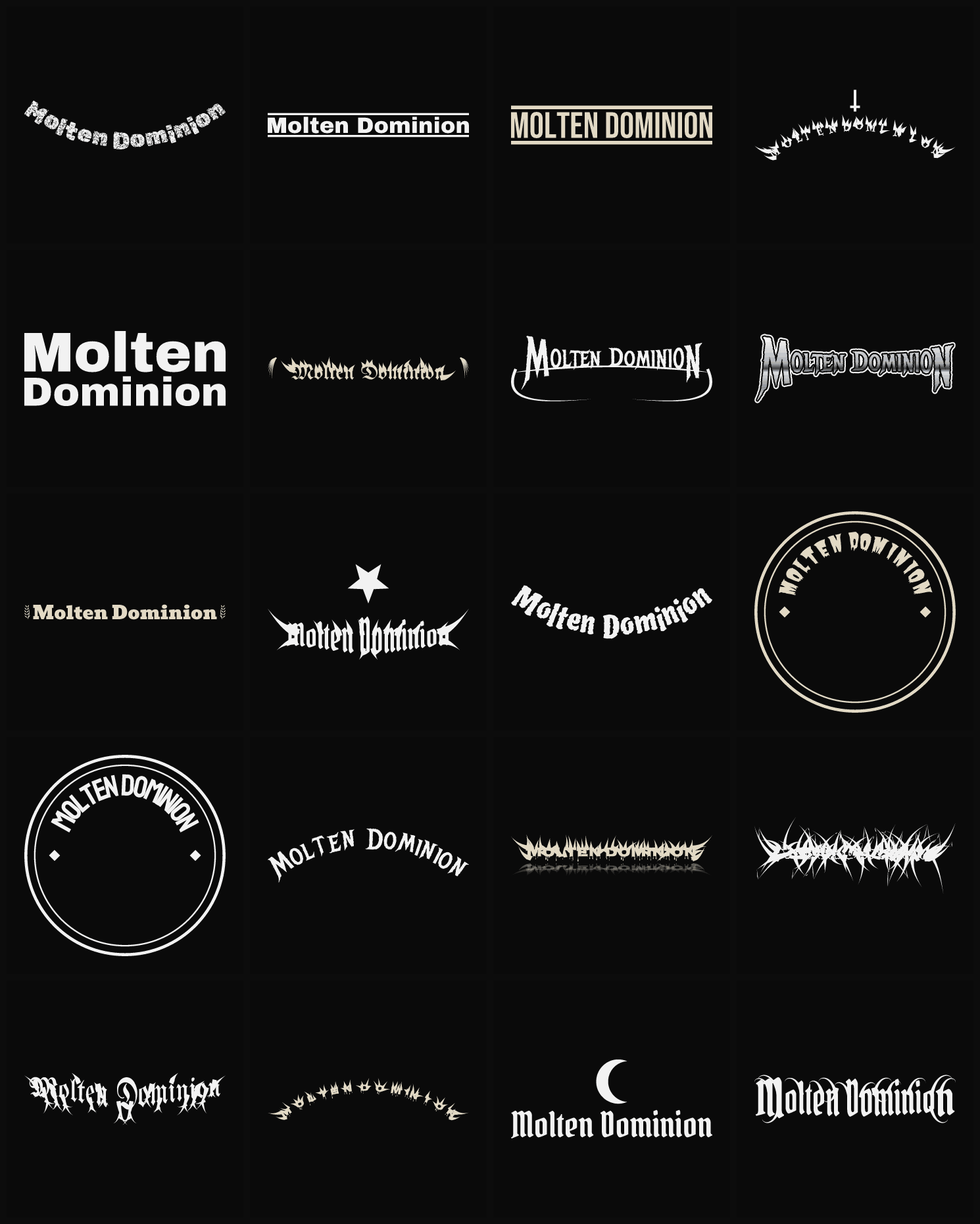 Twenty Molten Dominion band logo ideas — different faces, treatments and spike settings