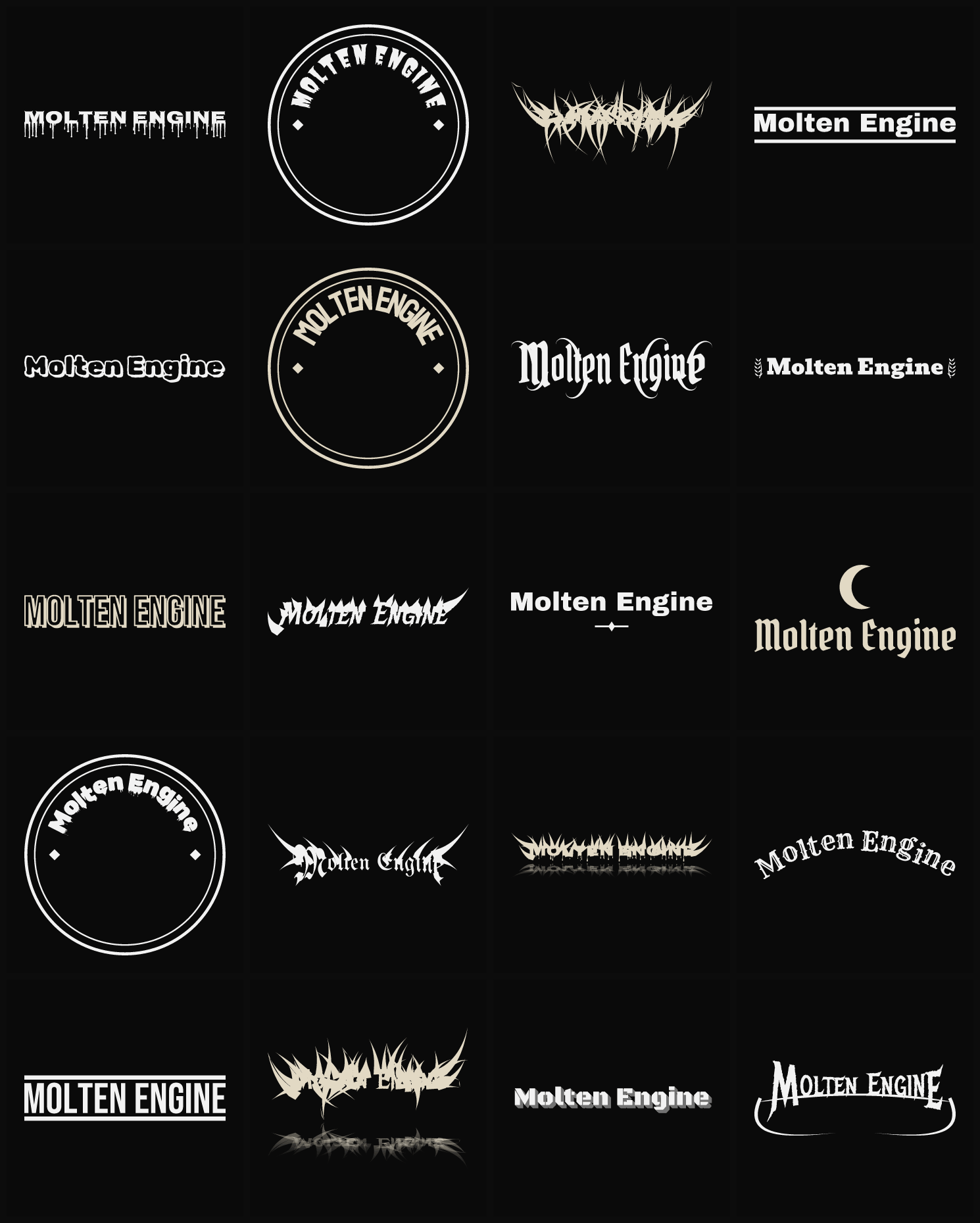 Twenty Molten Engine band logo ideas — different faces, treatments and spike settings