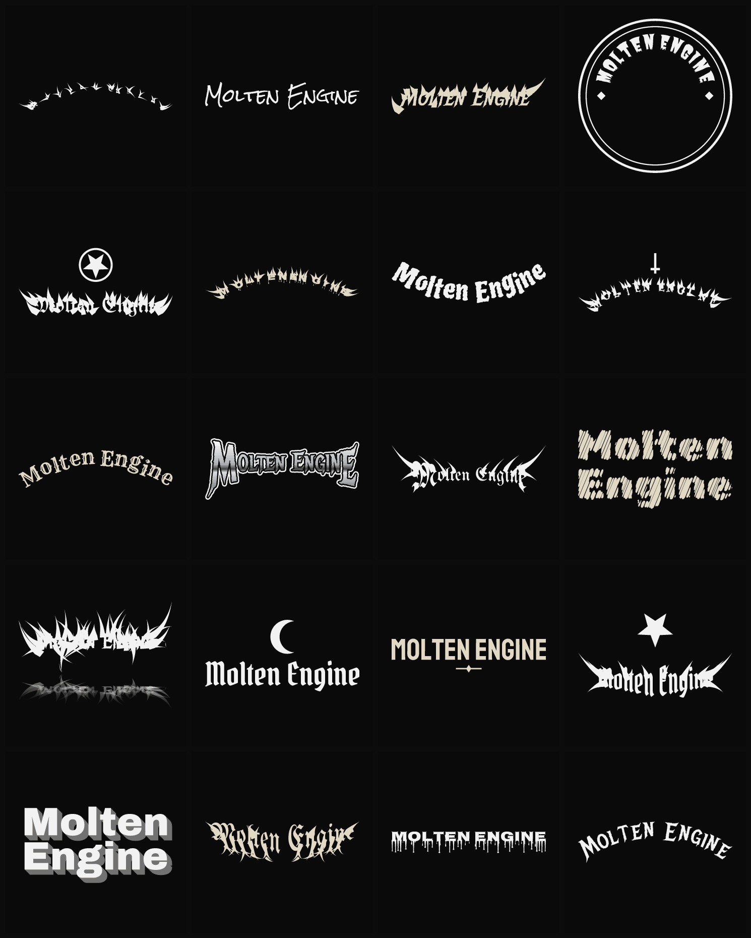 Twenty Molten Engine band logo ideas — different faces, treatments and spike settings