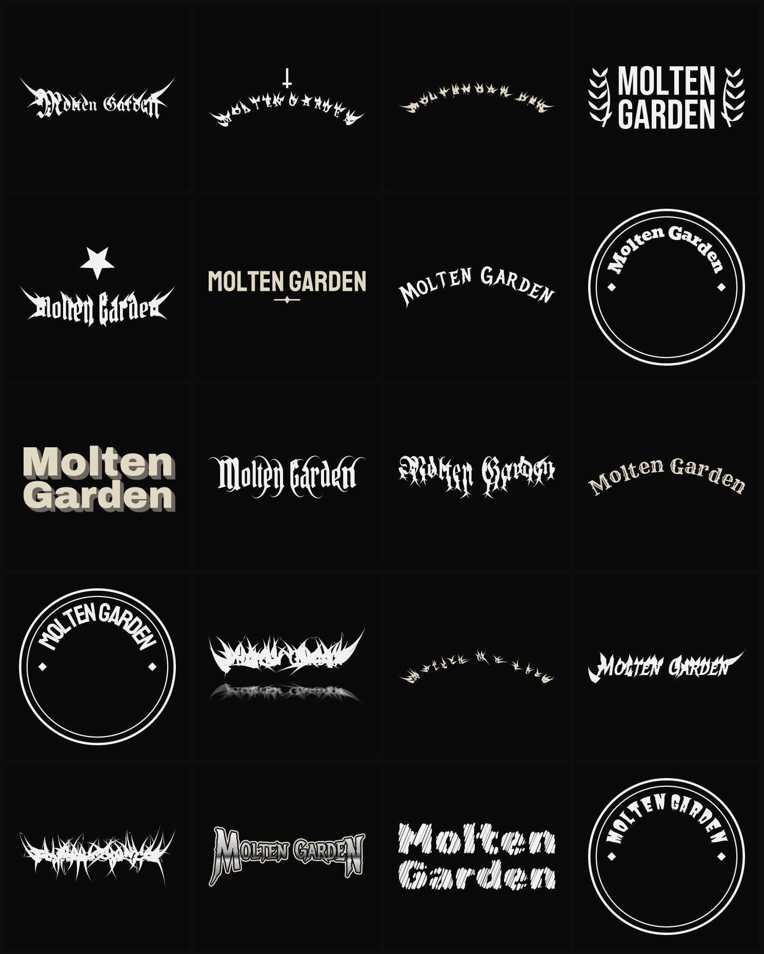Twenty Molten Garden band logo ideas — different faces, treatments and spike settings