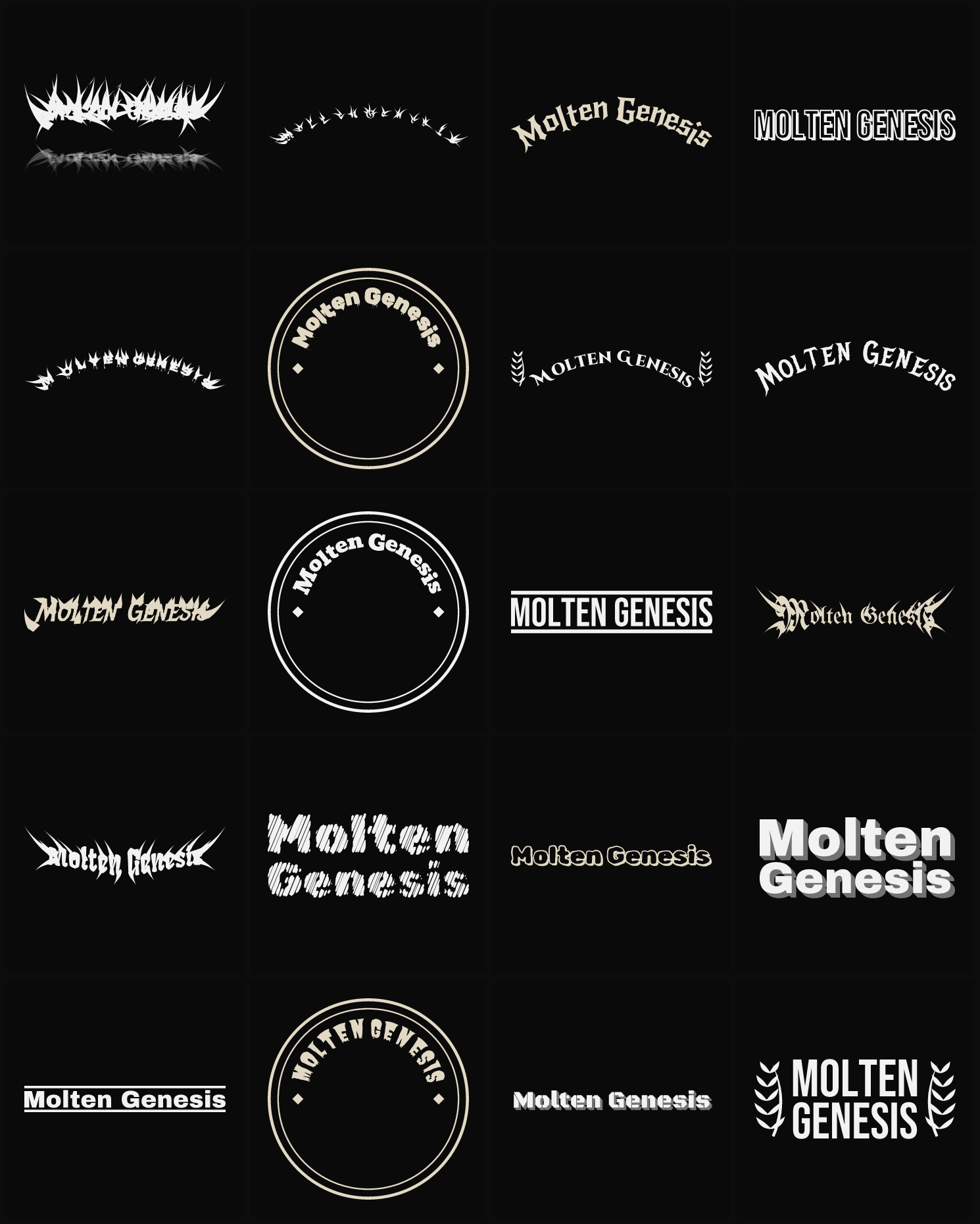 Twenty Molten Genesis band logo ideas — different faces, treatments and spike settings
