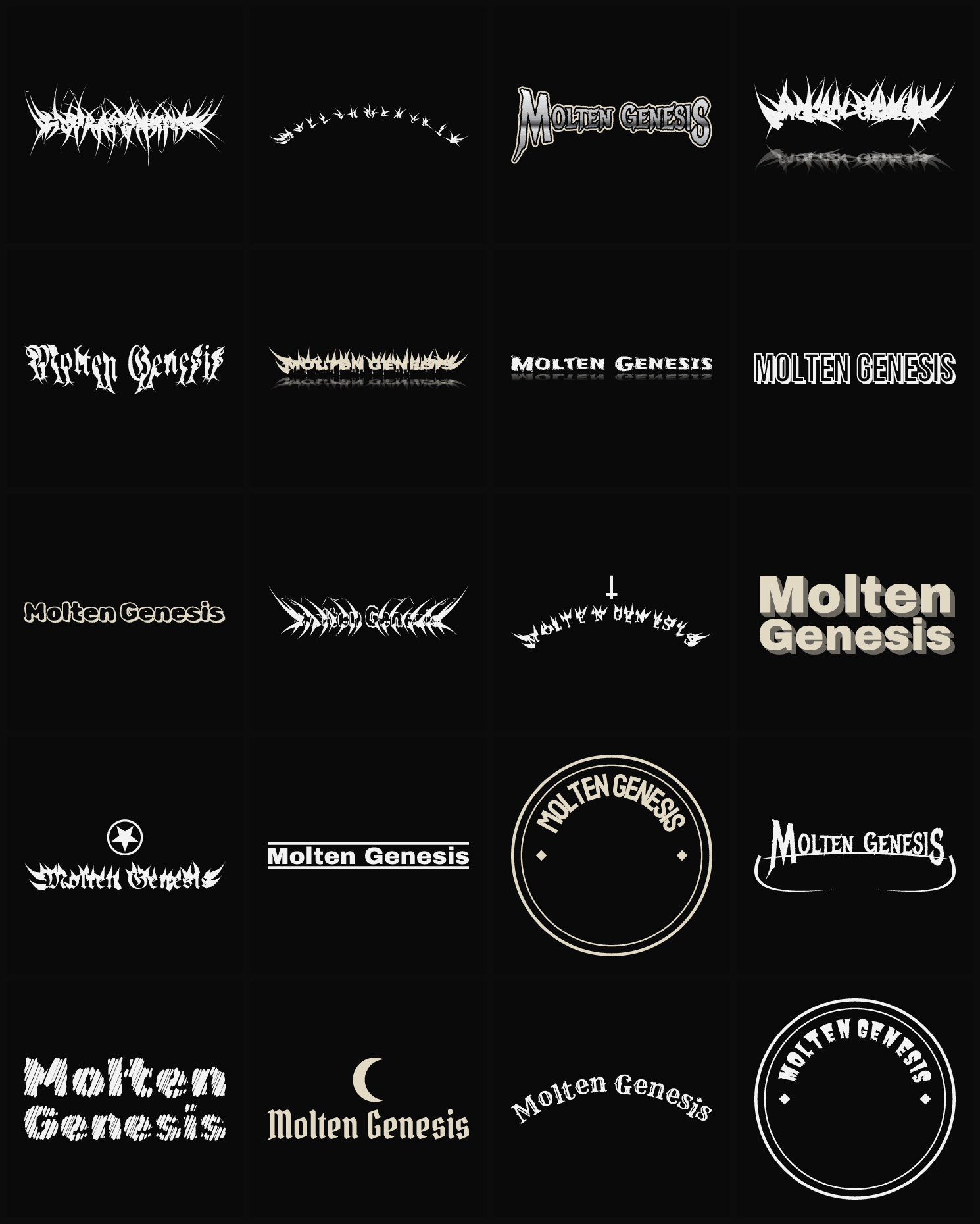 Twenty Molten Genesis band logo ideas — different faces, treatments and spike settings