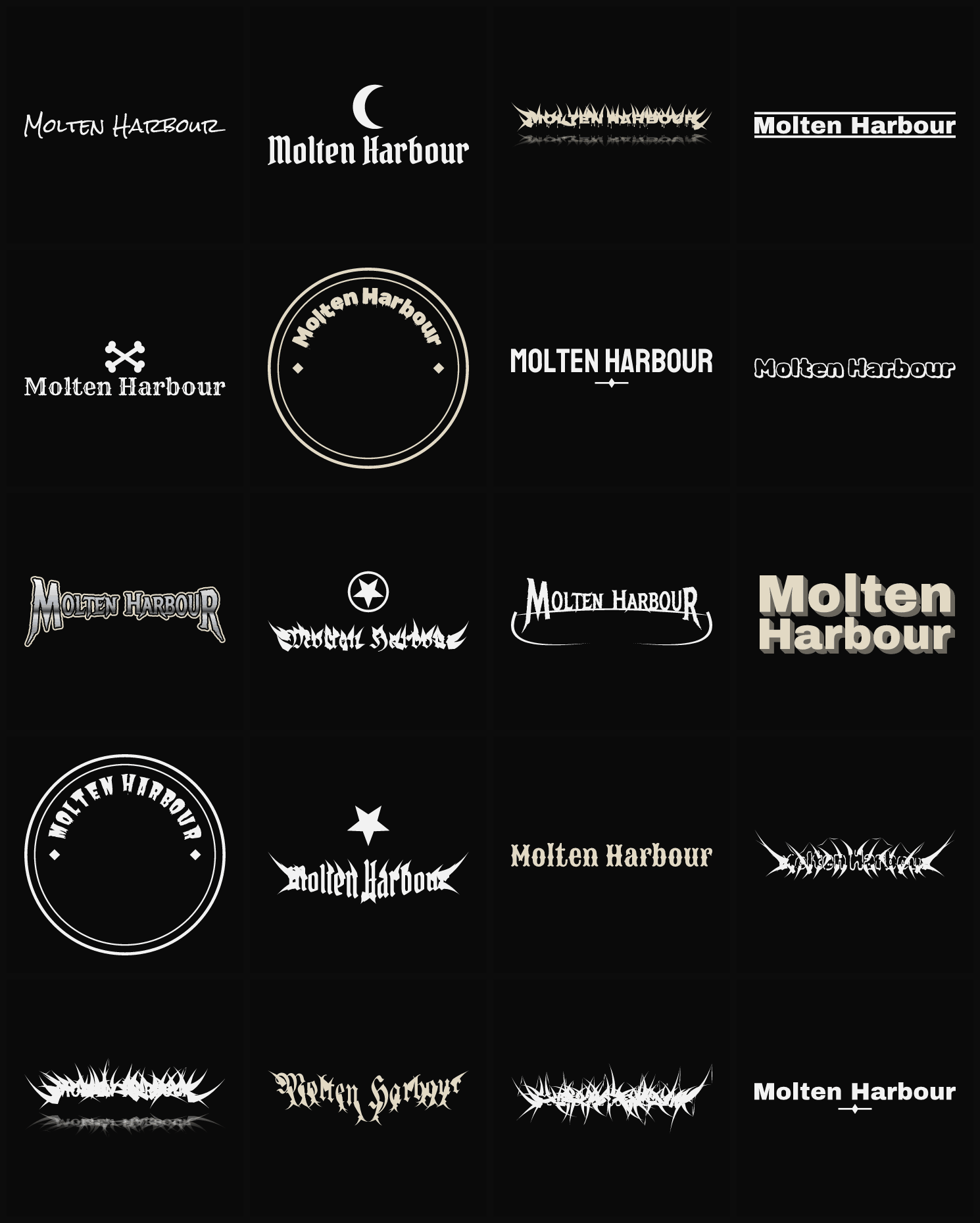 Twenty Molten Harbour band logo ideas — different faces, treatments and spike settings